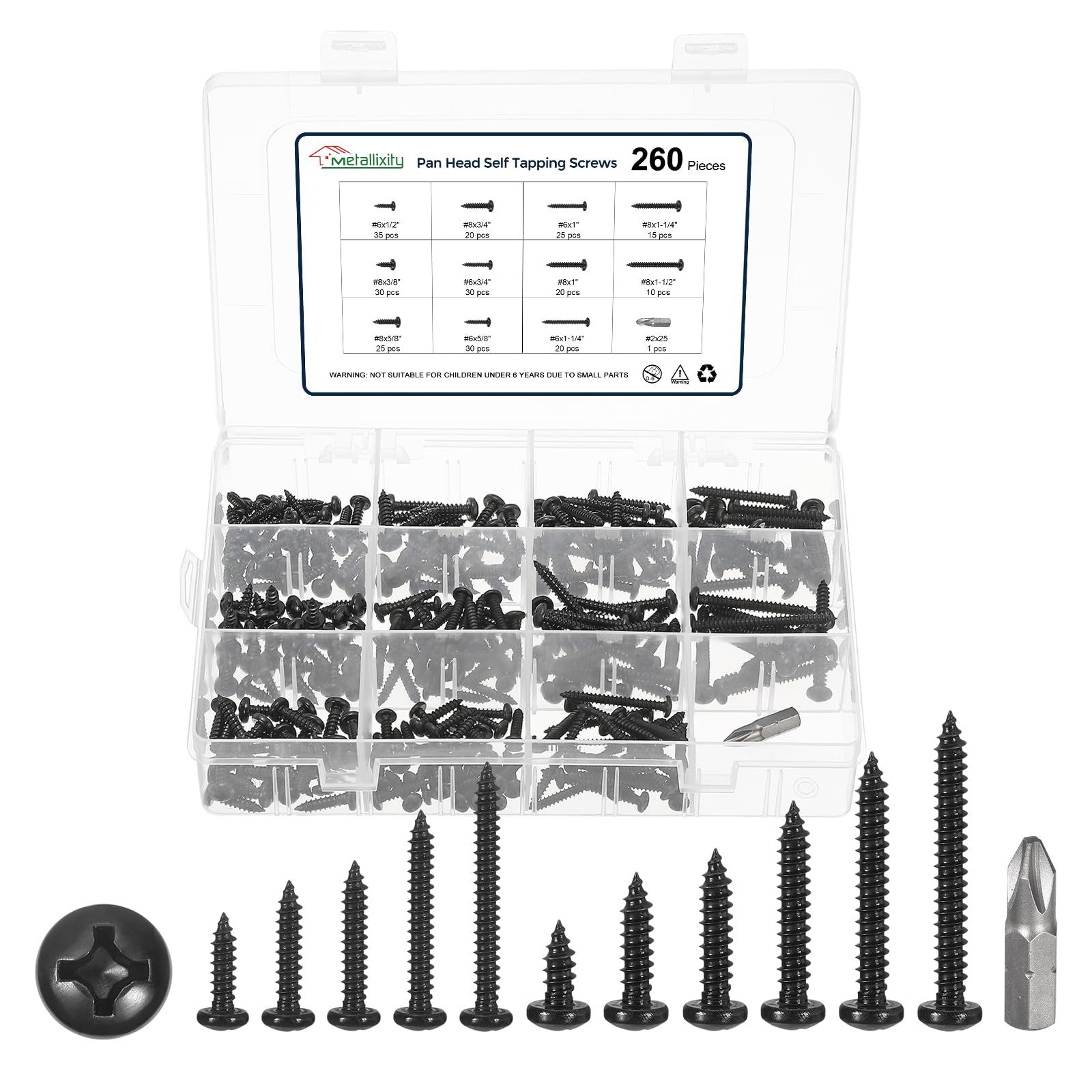 METALLIXITY Phillips Pan Head Self Tapping Screws(#6/#8) 260Pcs, 304 Stainless Steel Self Drilling Screw for Metal Wood Plastic with Bit, for Cabinet Wall Shutter Plate Rock Furniture, Black