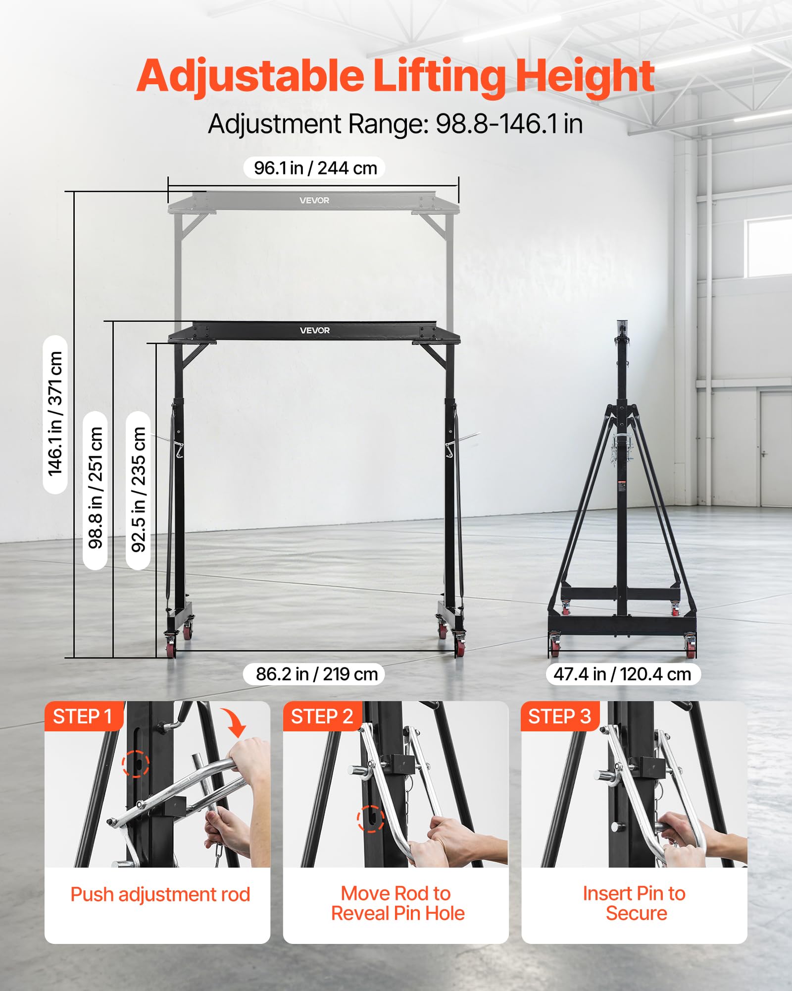 VEVOR Mobiler Portalkran mit 1995,81kg Tragkraft, 251-371cm Höhenverstellbarer Ladekran aus Stahl, Robuster Werkstattkran Inkl. 360° Lenkrollen mit Bremsen, Lastkran für Lager Werkstatt Baustelle
