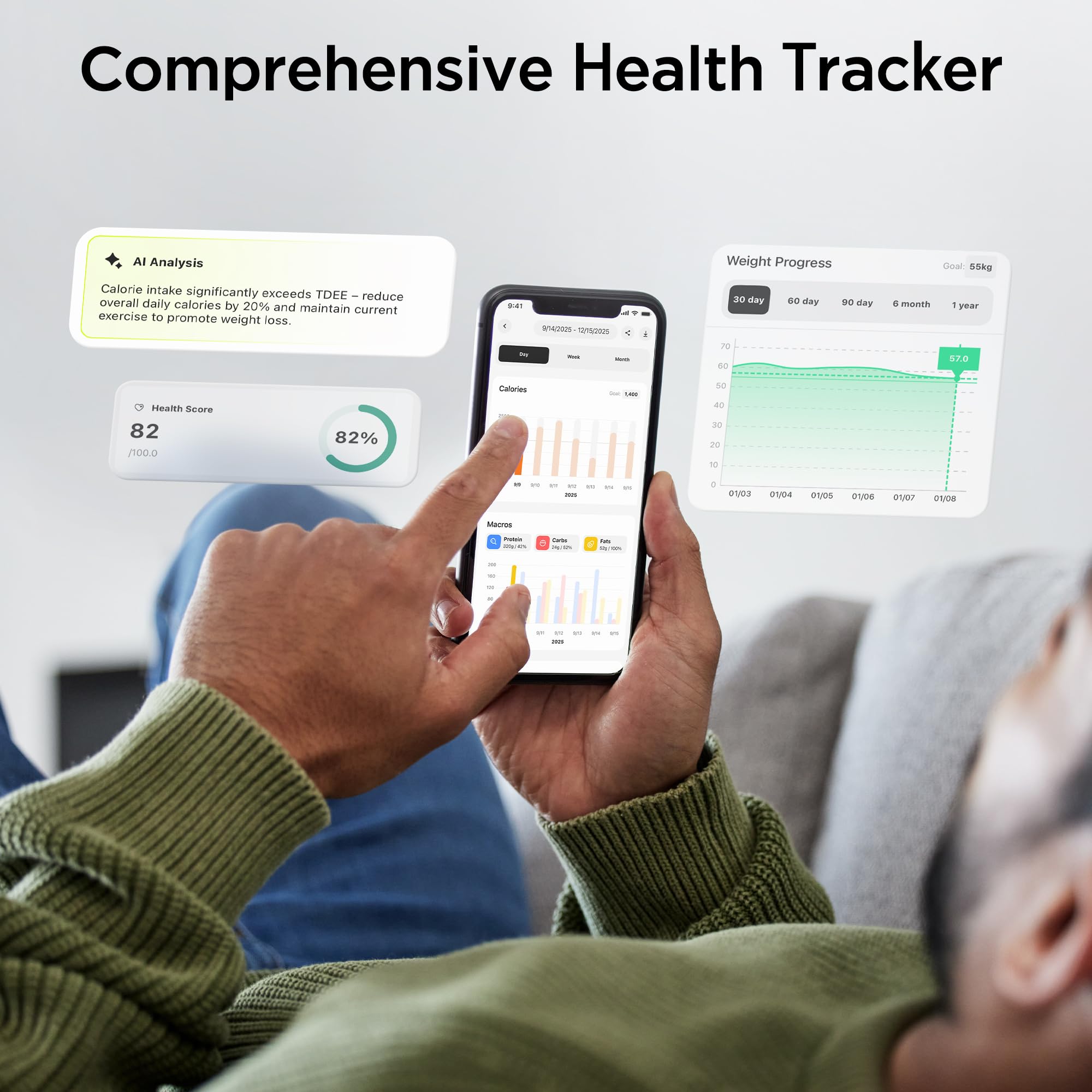 Ultrean - Báscula inteligente de cocina con calculadora nutricional, APP para seguimiento de calorías y macronutrientes, con IA, seguimiento de objetivos, báscula digital de calorías para perder peso