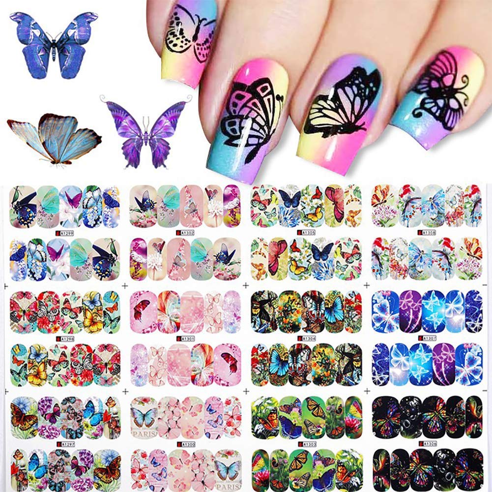 Stickers Autocollants Pour Nail Art - Motifs Fleurs & Papillons Multicolores