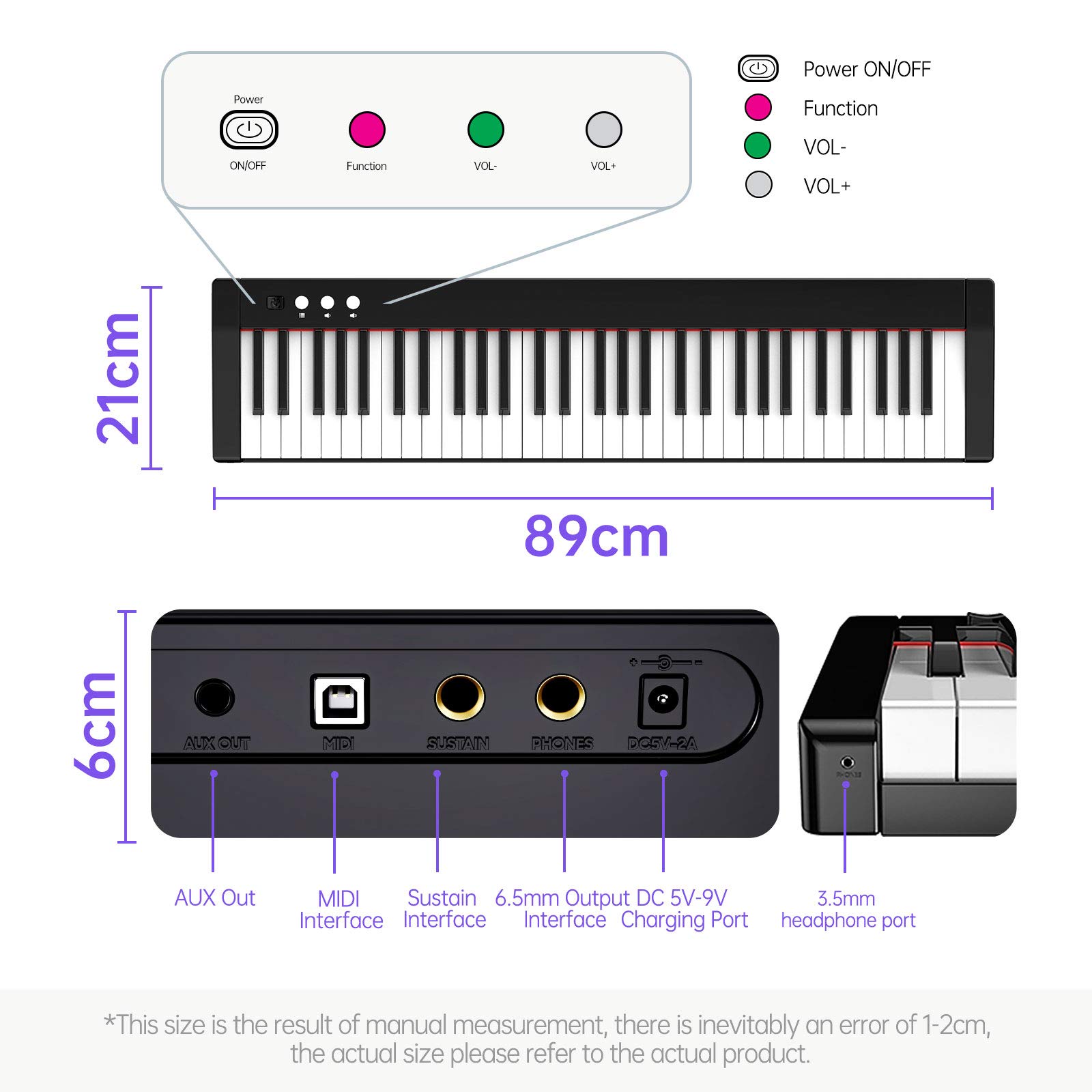 TERENCE Pianoforte Digitale Portatile 61 Tasti semi-pesati con Supporti e batteria da 1800 mAh Tastiera e interfaccia MIDI e supporto per spartiti Bluetooth Borsa adesiva Cavo audio Auricolari