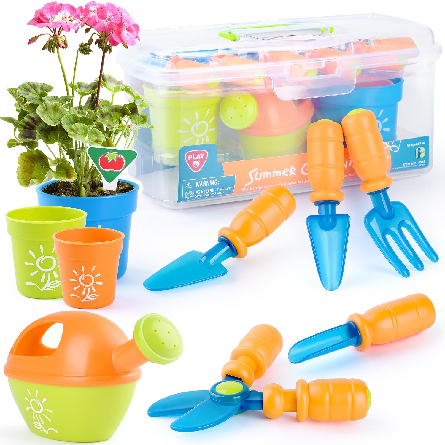 PLAY Set Attrezzi Giardino per Bambini, Utensili Giardino con Pala, Forchetta, Forbici, Vaso, Annaffiatoio, Targhetta e Contenitore, Kit Giardino per Bambini dai 3 Anni in su