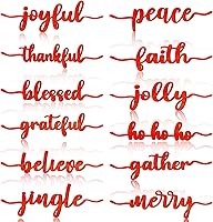 Vista 14 de 12 piezas de letreros de madera con palabras navideñas recortadas "Joyful Merry Thankful Grateful Blessed Peace Gather" para decoración de plato