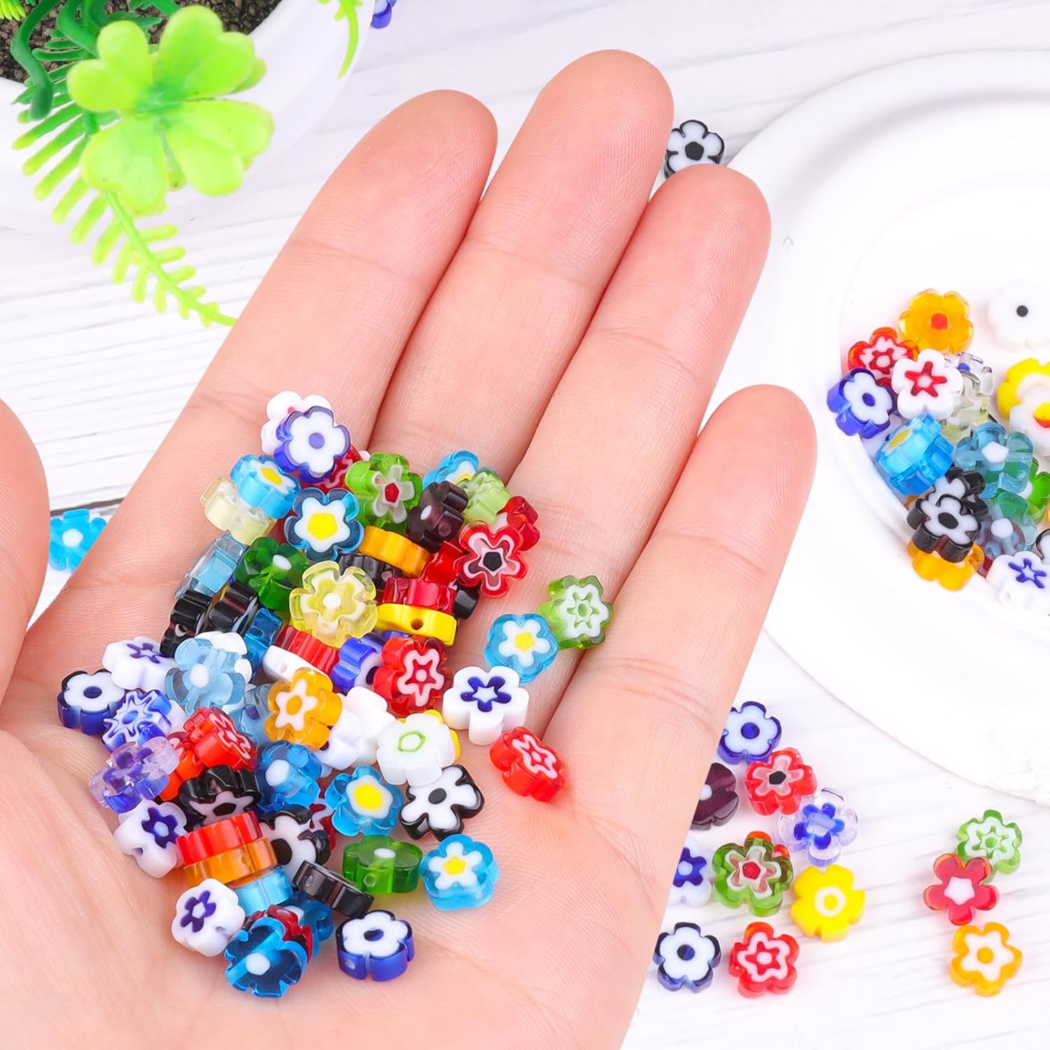Millefiori Lampwork Glass Loose Assorted Beads Flat Flower Devil's Eye Round Spacer Bead for Bracelet Jewelry Making, Multicolor Daisy Flower Beads 8mm, 100 Pcs - Image 2