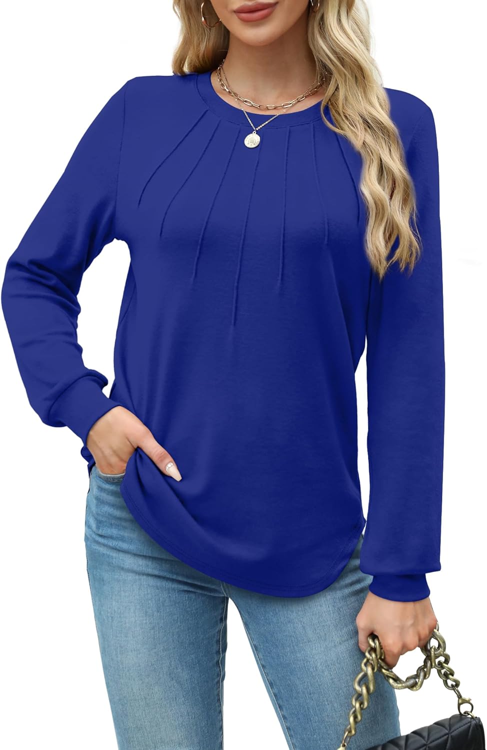 WIHOLL Womens Tunic Tops Loose Fit Long Sleeve Pleated Shirts Crewneck Tops - Image 2