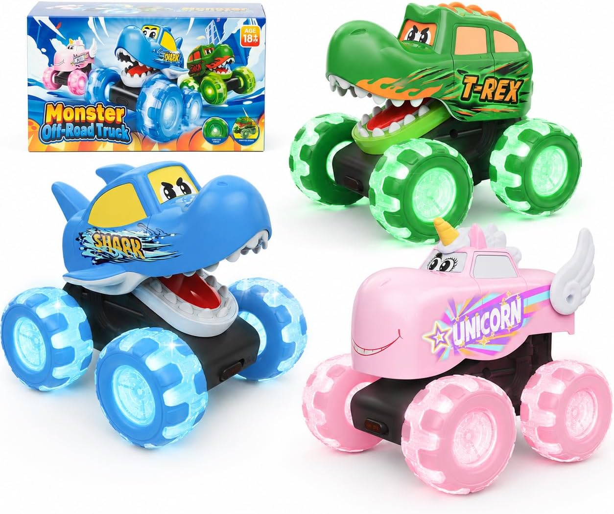 3 Pack Monster Truck Toys for Toddlers, Light Up Animal Monster Trucks with Big Wheels, Friction Powered Toy Cars, Shark Dinosaur Unicorn Trucks for Boys and Girls Ages 18 Months and Up