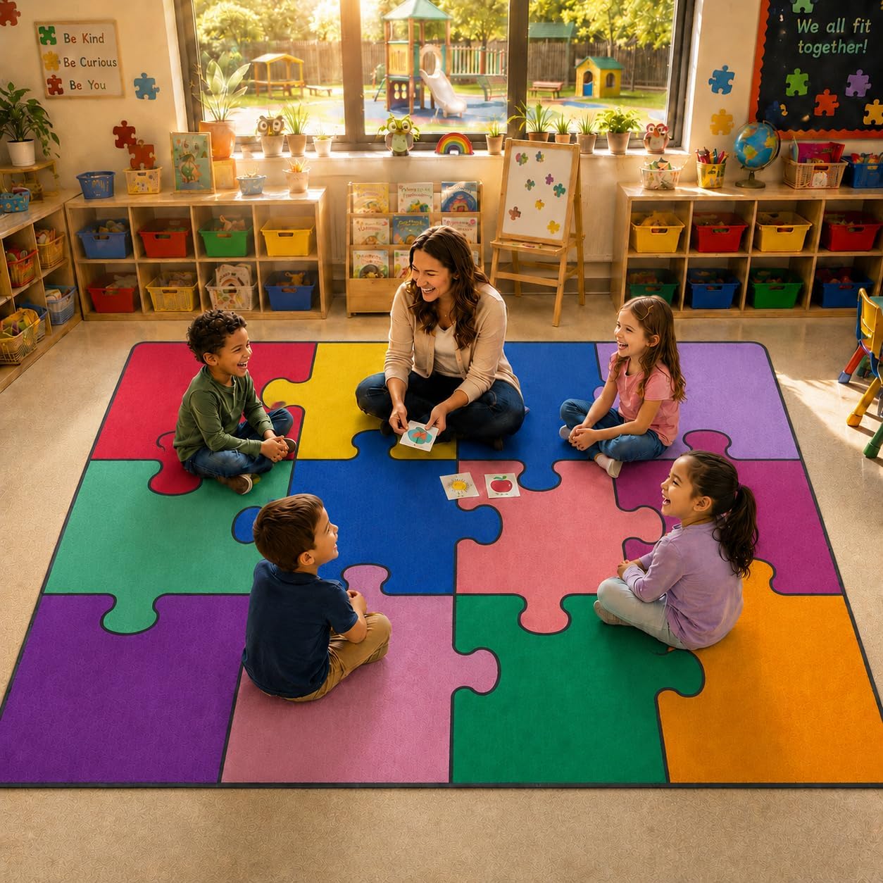 Kids Rug, Classroom Rug Colorful Puzzle Playmat Rugs - 5x7 Ft Kids Carpet with Rubber Backing, Classroom Carpet Play Mat Nursery Rugs for Children Boys Bedroom Playroom School Classroom Seating Carpet