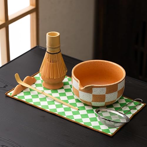 Miniatura 5 de Juego de té Matcha prémium de 7 piezas, estilo tradicional japonés con elegante patrón de rejilla, incluye batidor de bambú, cuenco de cerámica,