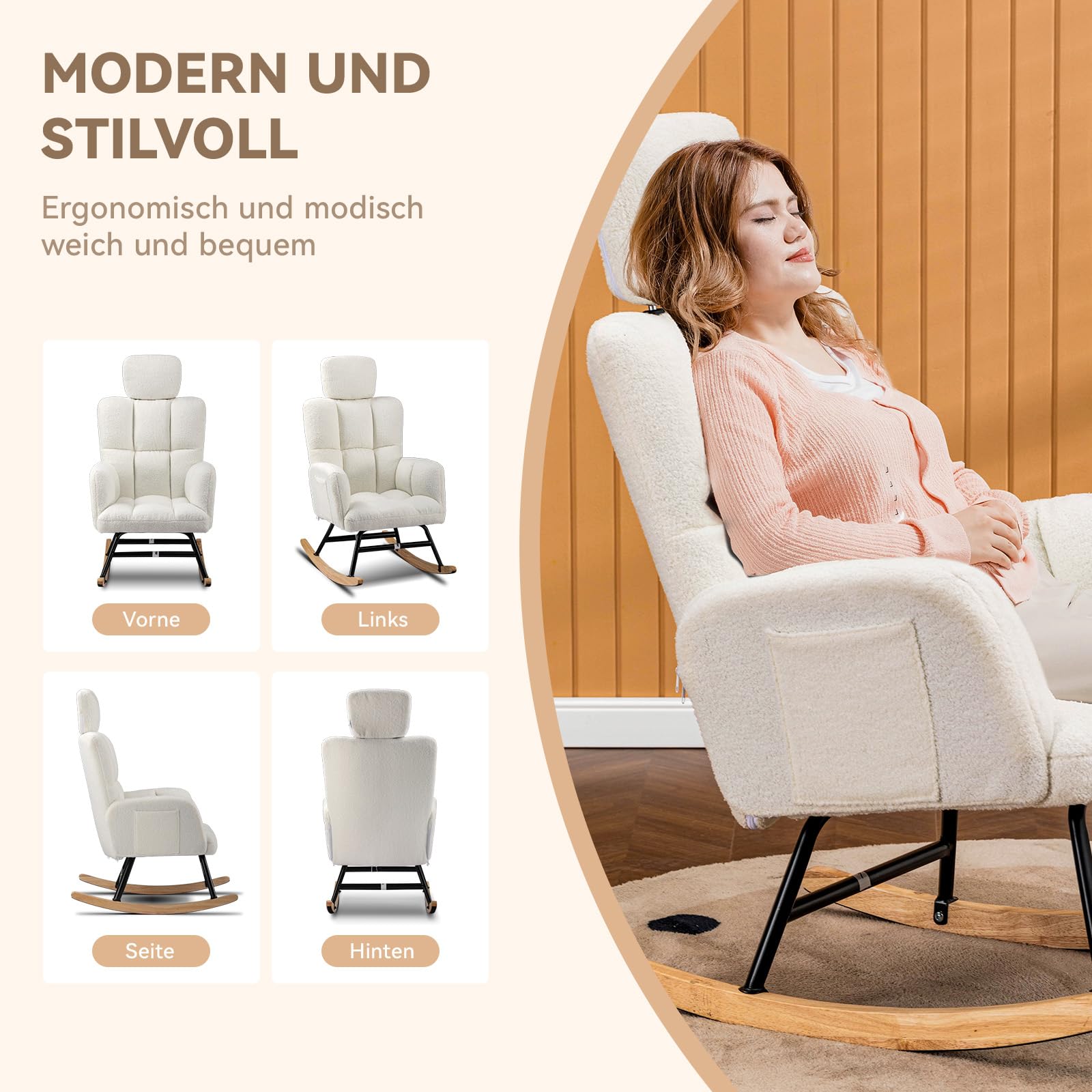 Comhoma Fauteuil à bascule avec tabouret, fauteuil relax en peluche de style oreillette, fauteuil à bascule pouvant supporter jusqu'à 150 kg, chaise longue de jardin pour la chambre à coucher, le
