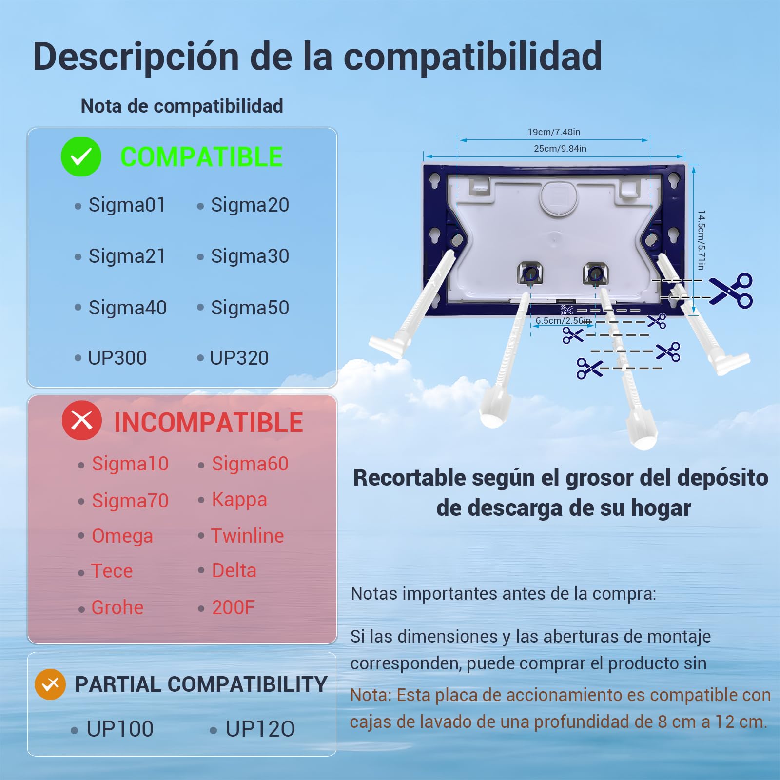 Placa de Accionamiento WC, Compatible con Geberit, Sigma, UP300 y UP320, Tamaño Placa de Doble Descarga 245×164mm, Incluye Kit de Palanca de Descarga y Marco de Instalación. (Blanco mate)