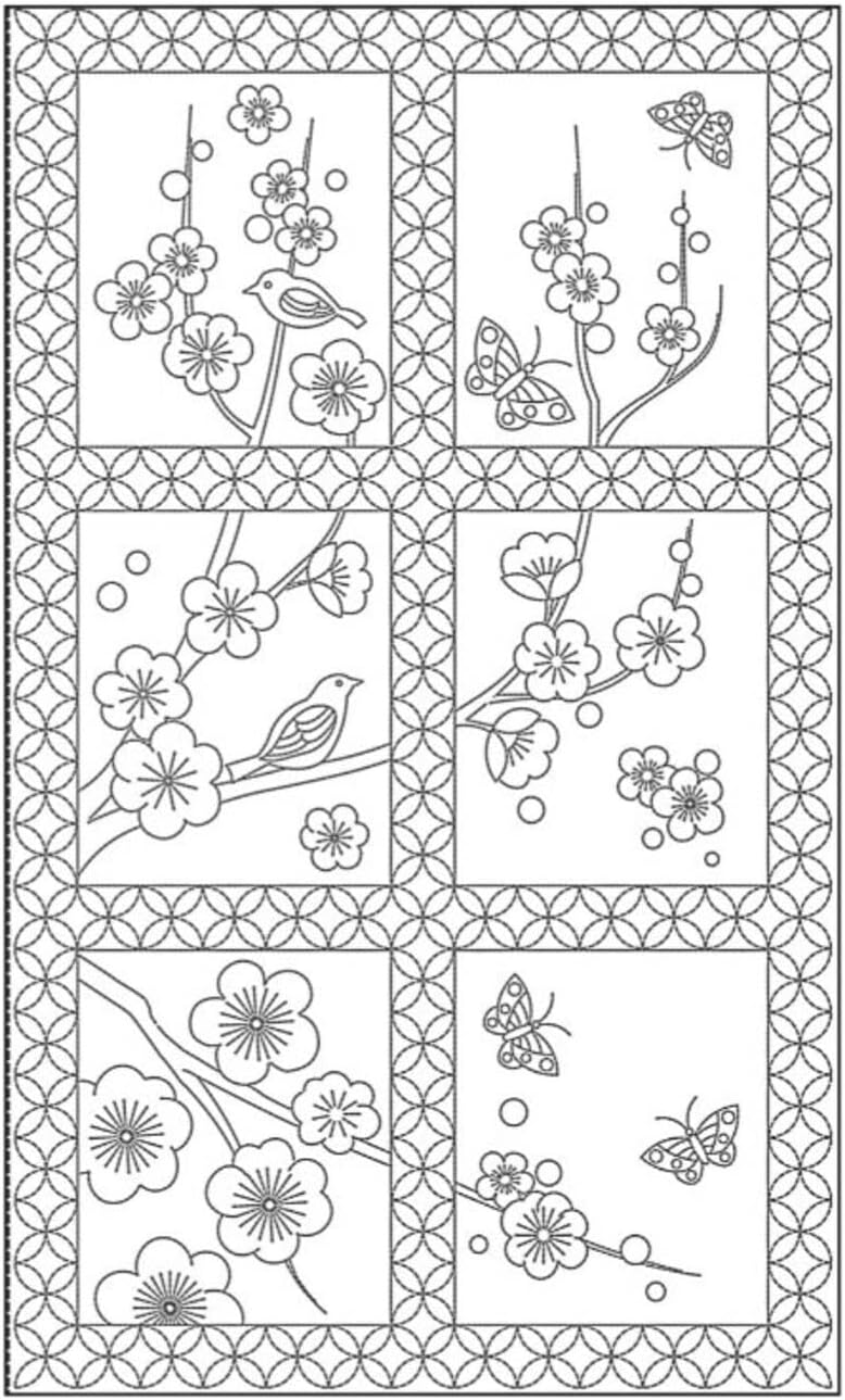 Sashiko Pre-Printed Fabric Panel - Plum Tree, Birds & Butterflies - HM-37 - Dark Navy