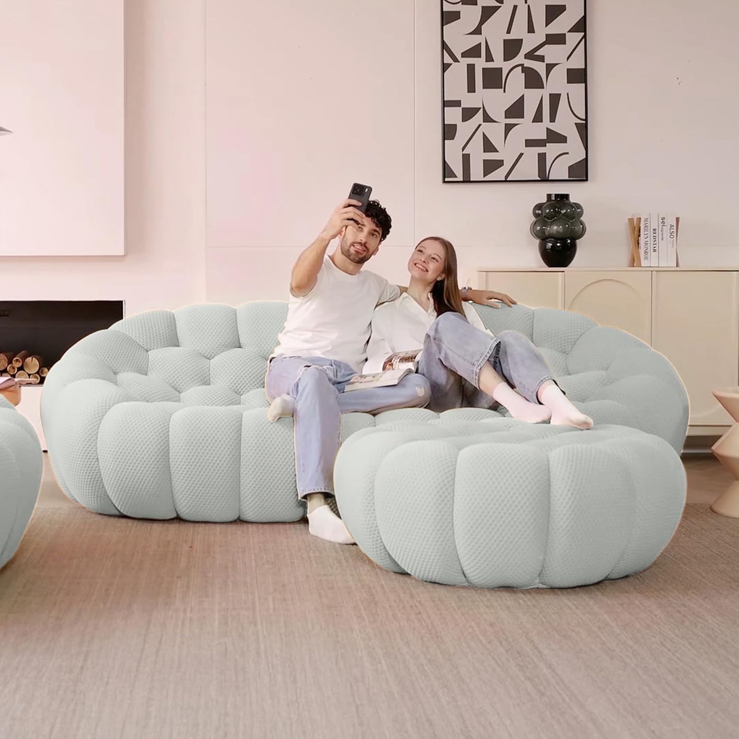 Bubble Couch, 98.43'' Modern 3-Seater Lazy Floor Couch, Memory Foam Bubble Round Sofa 3D Honeycomb Shape Curved Sofas for Living Room, Office, Apartment (Light Grey)