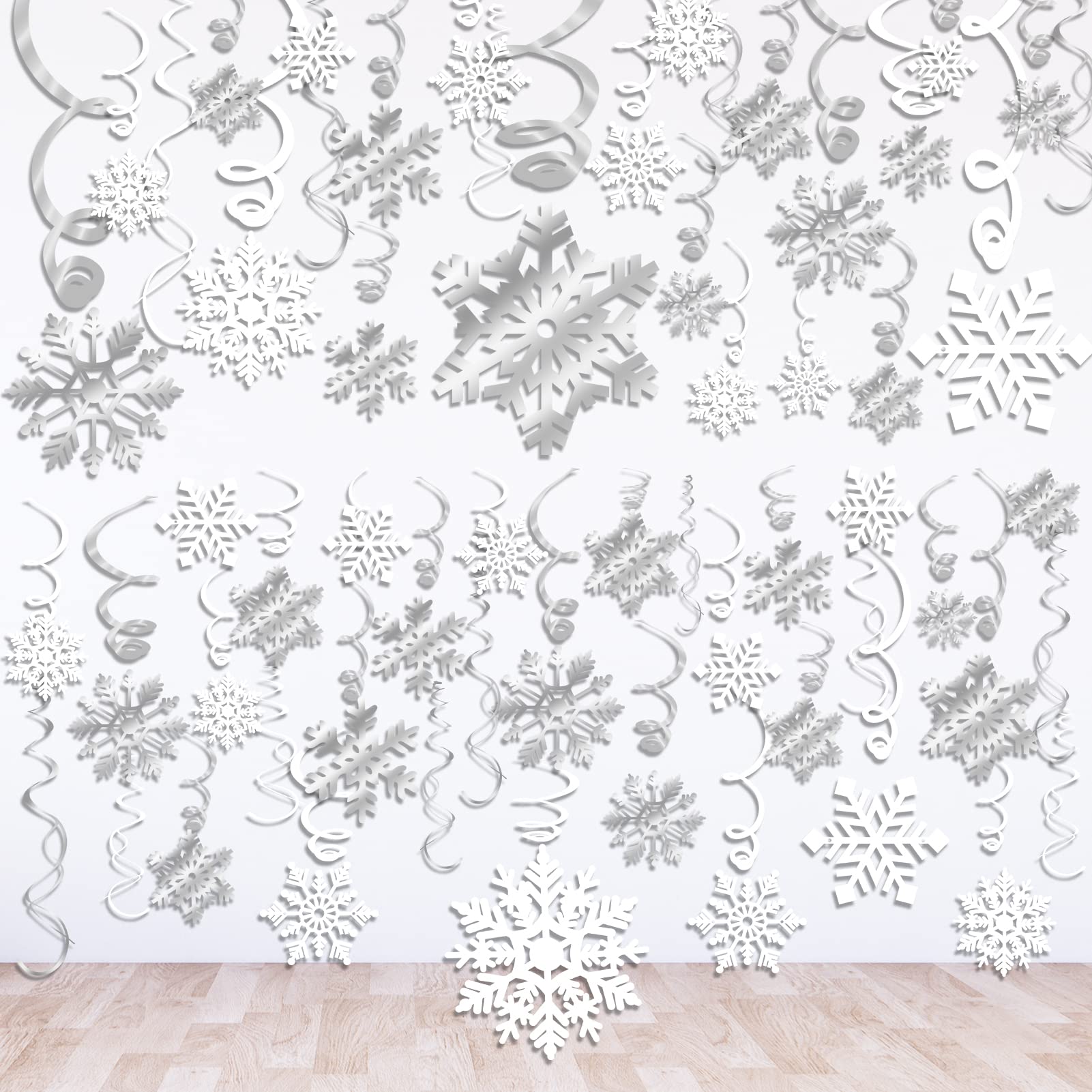 42CT Christmas Snowflake Hanging Swirl Decorations,Christmas Hanging Ceiling Streamers Snowflake Hanging Swirls and Strings Decoration, Winter Party Wonderland Xmas Holiday Decor Supplies