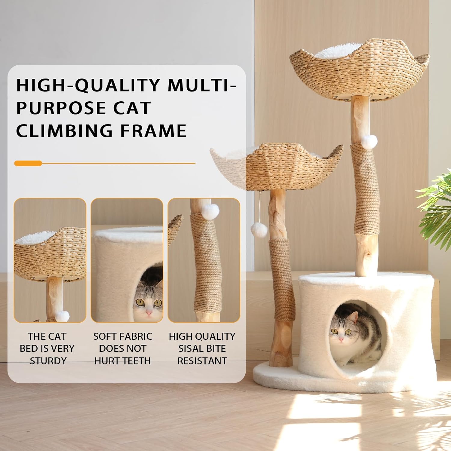 Natural Modern Cat Tree Tower – Wooden Cat Condo with Dangling Ball, Cozy Baskets, Scratching Posts, for Large Indoor Cats, Solid Wood Aesthetic Pet Furniture(43" Tall)