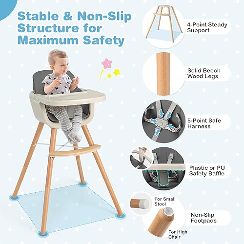 Vista 40 de HONEY JOY Silla alta, silla alta 3 en 1 de madera Eat & Grow con bandeja extraíble, arnés de 5 puntos, cojín de poliuretano y reposapiés para bebé