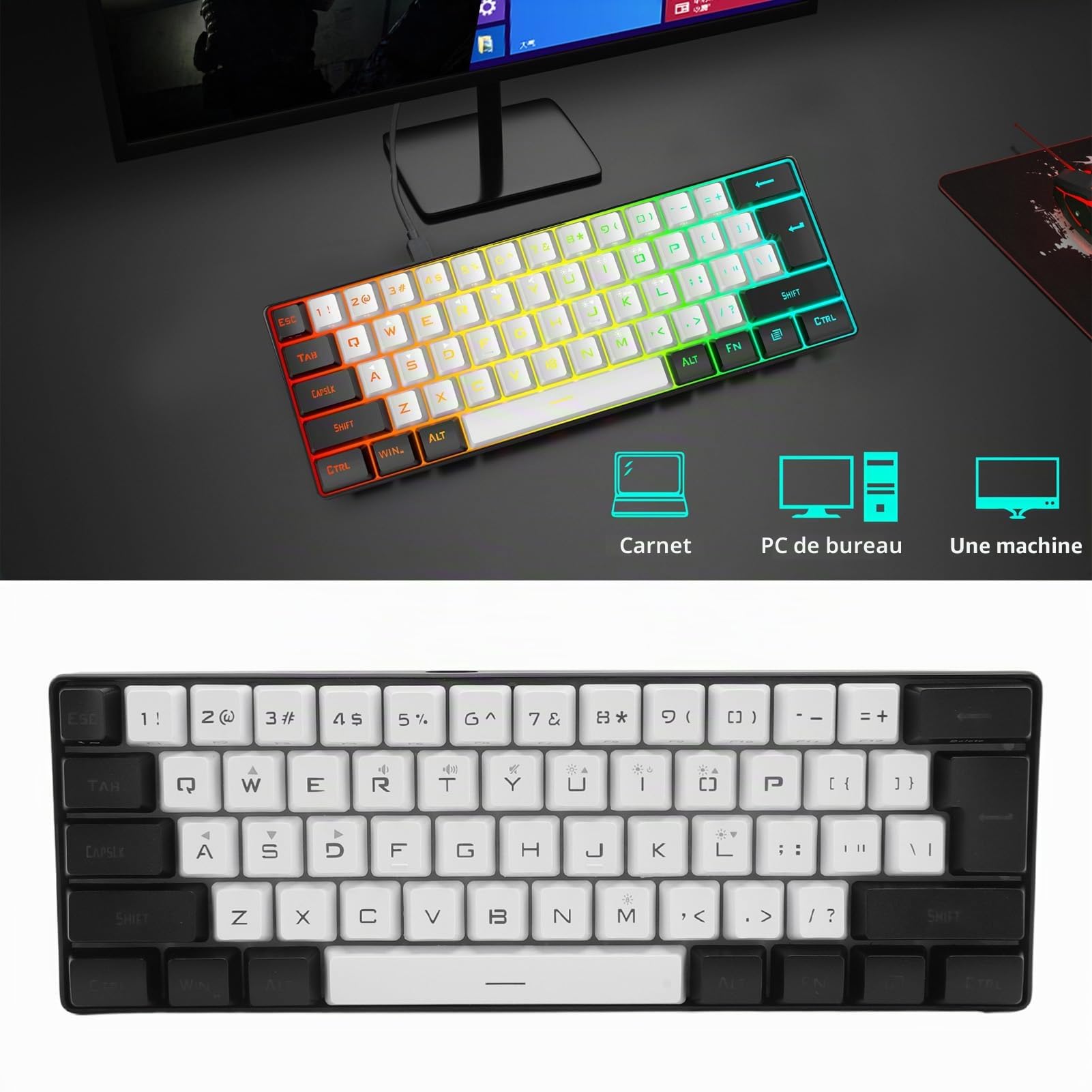Sxhlseller 60% Mini Clavier de Jeu, 61 Touches Clavier USB Ergonomique rétroéclairé RVB, Clavier D'Ordinateur USB Filaire Programmable pour Ordinateur Portable de Bureau Windows (Blanc Noir)