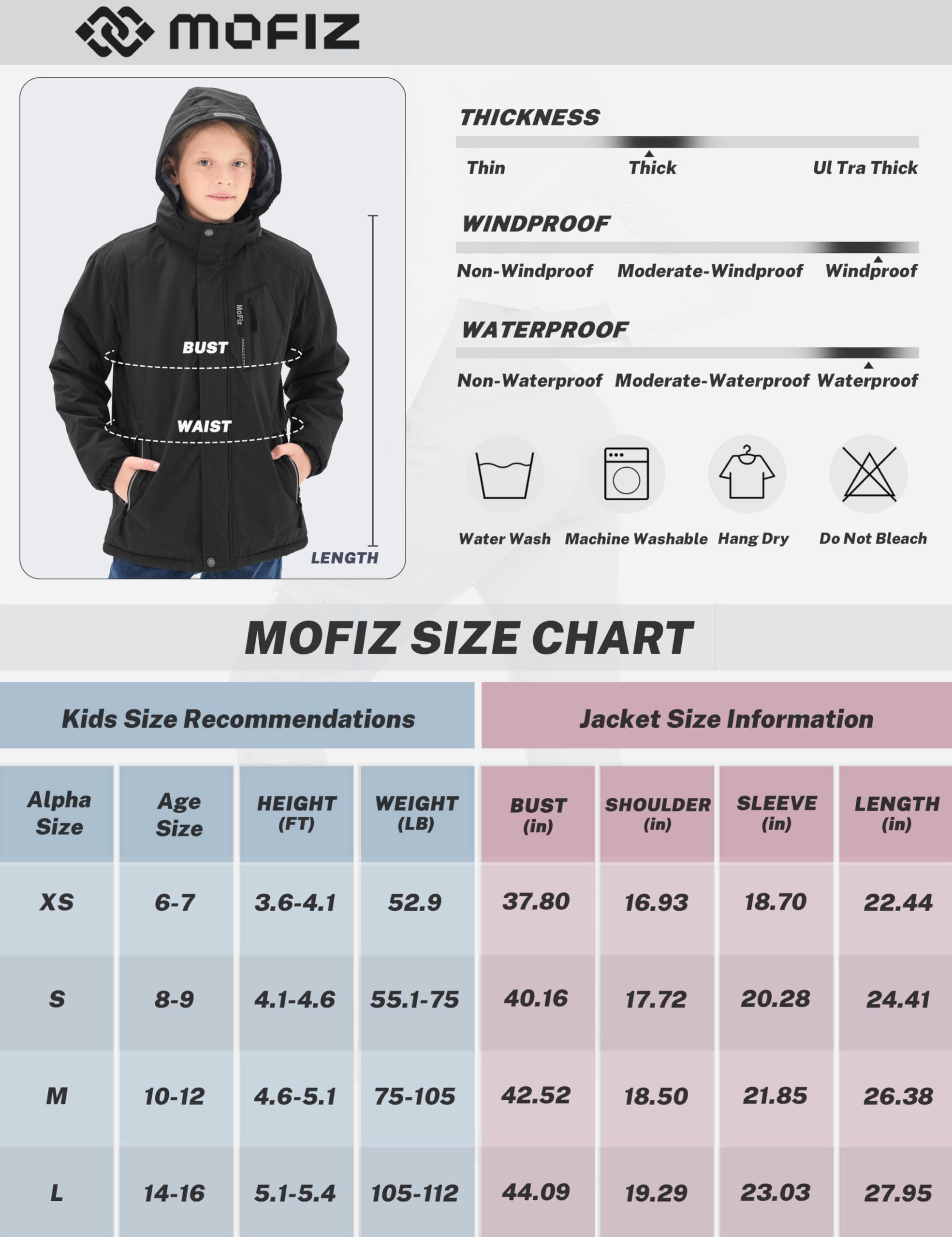 MoFiz Chaquetas de Esquí para Niño Invierno Impermeable Antiviento Capucha Desmontable 6-16 Años