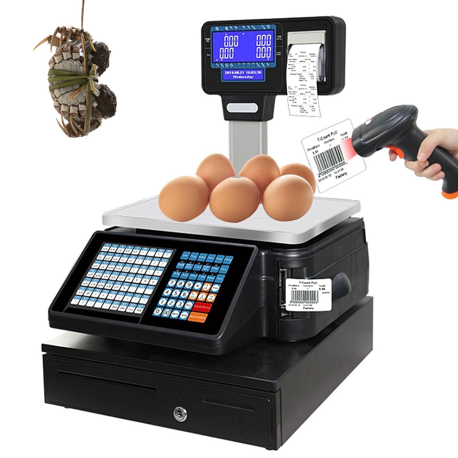 MYUYEE Label Printing Scale Pole Display,66Lb/30Kg Cash Register Scale With Scanner And Cash Box,Double-Sided Lcd Display,Commercial Digital Price Label Printing Scale