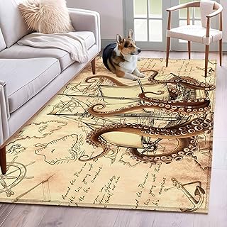 Rectangle Area Rug 4x6ft, Retro Coastal Ocean Octopus Non-Slip Non-Shedding Floor Mat, Nautical Sailing Boat on Map Washable Sturdy Carpet for Living Room Bedroom Home Decor