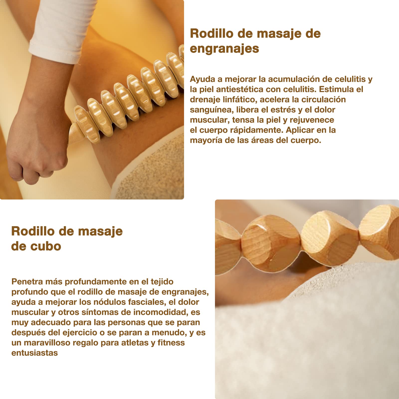 Kit Maderoterapia Corporal 6PCS, Masajeador Anticelulitico Piernas,Gluteos | Ecofriendly Madera, Rodillo Masaje, Ventosa Celulitis, Drenaje Linfático, Alivio del Cuerpo Dolor, Relajación Músculo