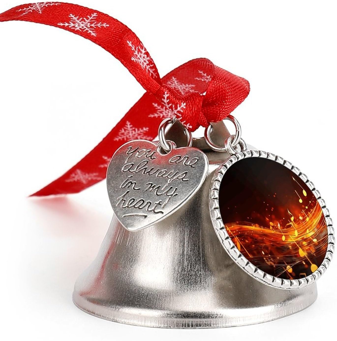 Red Flame Music Note Christmas Bells Ornaments with Wings & Heart Silver Bell Pendant for Christmas Tree Home Door Mantle Fireplace Decoration