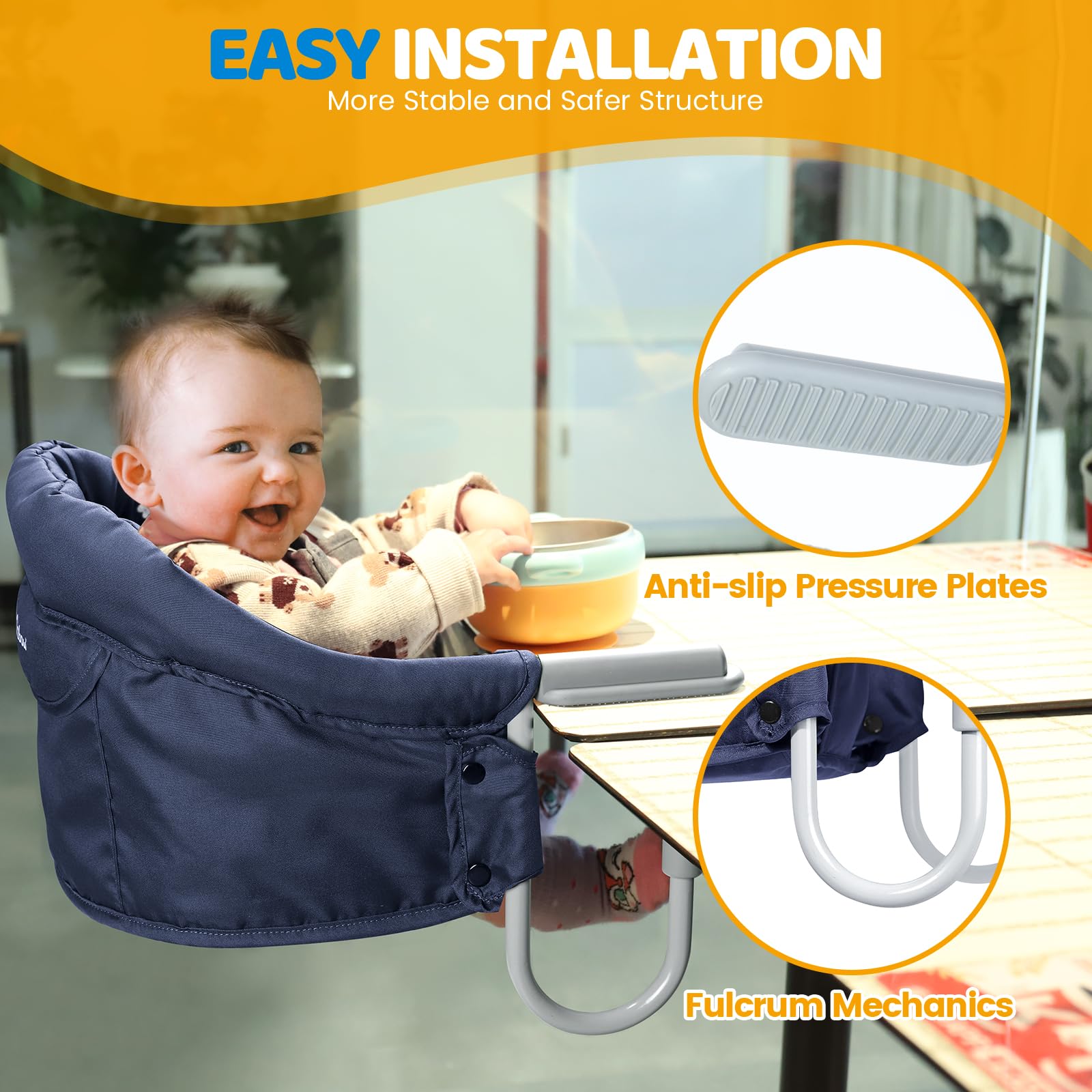 Orzbow Hook-on Seats,Portable Hook on High Chair with 5-Point Safety Harness,Shoulder Strap Mats and Removable Seat Cushion,Stable Clip on Baby Chair for Home and Restaurant (Dark Blue) - Image 2