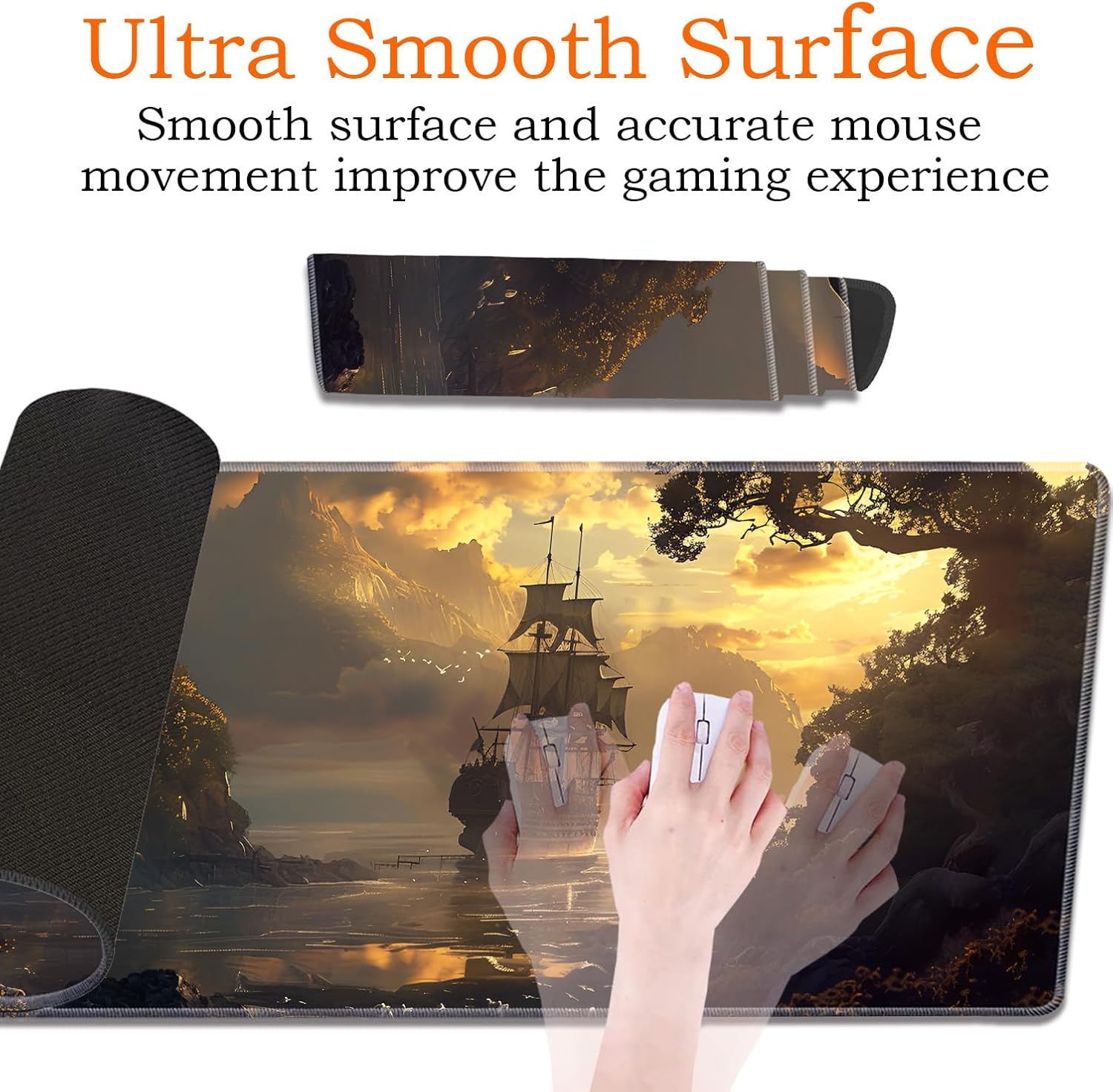 Large Gaming Mouse Pad, Keyboard Wrist Rest Pad + Mouse Wrist Pad + Coaster 4 in 1 Set, Extended Waterproof Non-Slip Desk Mat, Suitable for Office Home Learning Games, Pirate Ship