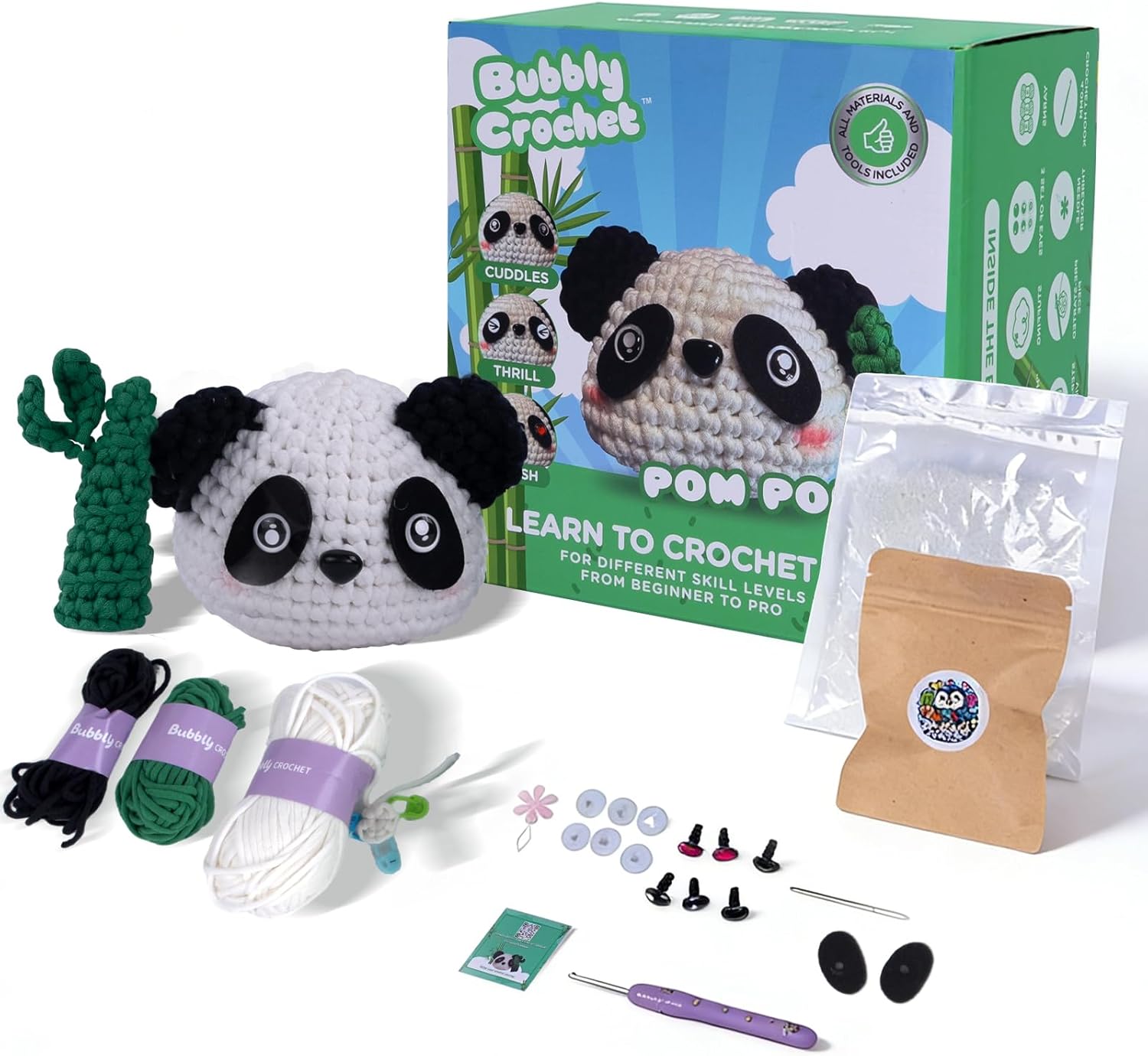 Bubbly Crochet Pom Pom the Panda Beginner Crochet Kit – DIY Plush with Custom Eyes & Bamboo Accent, Guided Tutorials & All-in-One Tools – Amigurumi Craft and Easy Arts