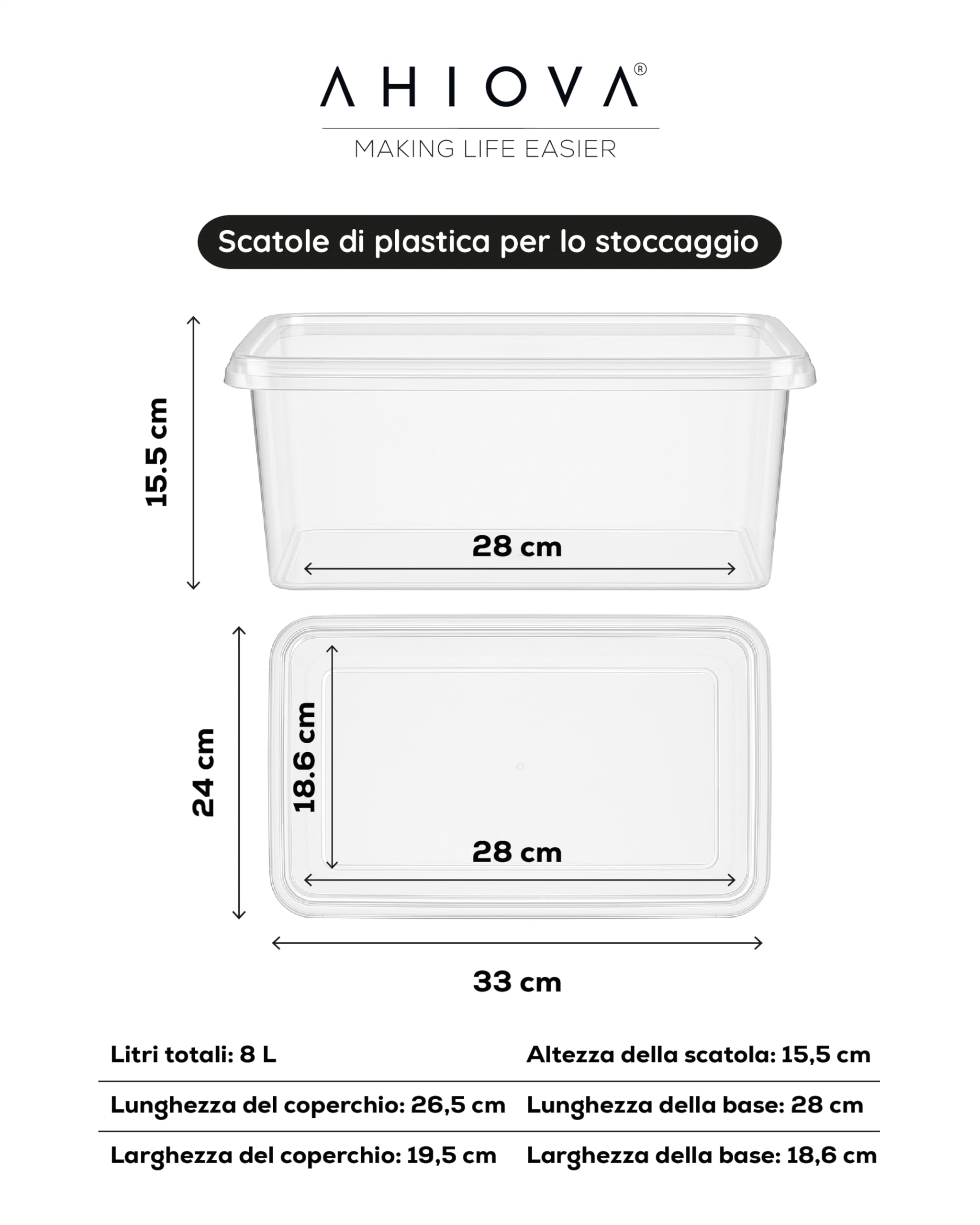 Scatole Plastica 8L con Coperchio Set 5 Portaoggetti Impilabili 100% Trasparenti Click Pressione 33x24x15,5cm Bagno Garage Ufficio Salvaspazio Senza BPA Prodotte Europeo