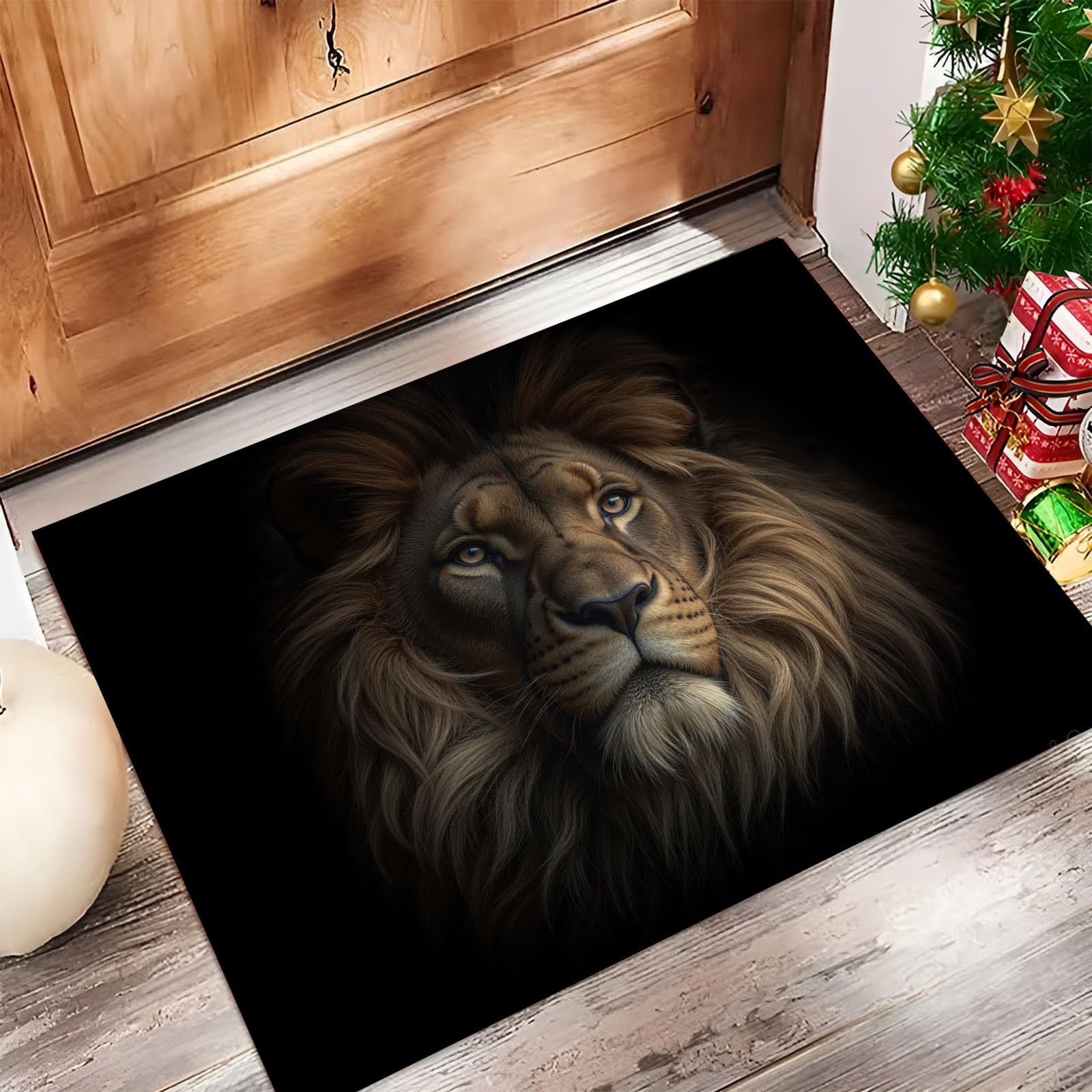 Tapis d'entrée antidérapant 50x80 cm tête de lion marron lavable pour vestibule