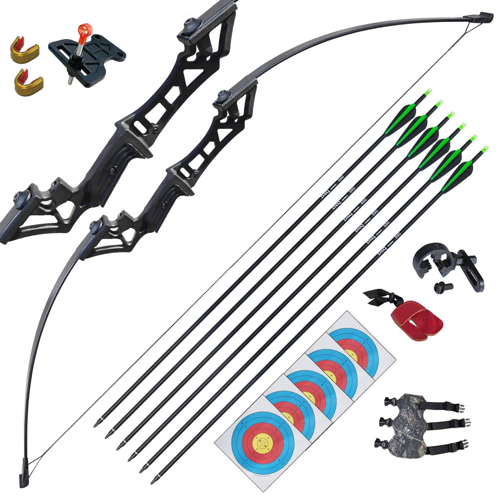 D&Q Tiro con l'arco Takedown Arco ricurvo e frecce Set per adulti Arco da caccia con arco lungo Mano destra per principianti Pratica tiro al bersaglio 30lbs 40lbs