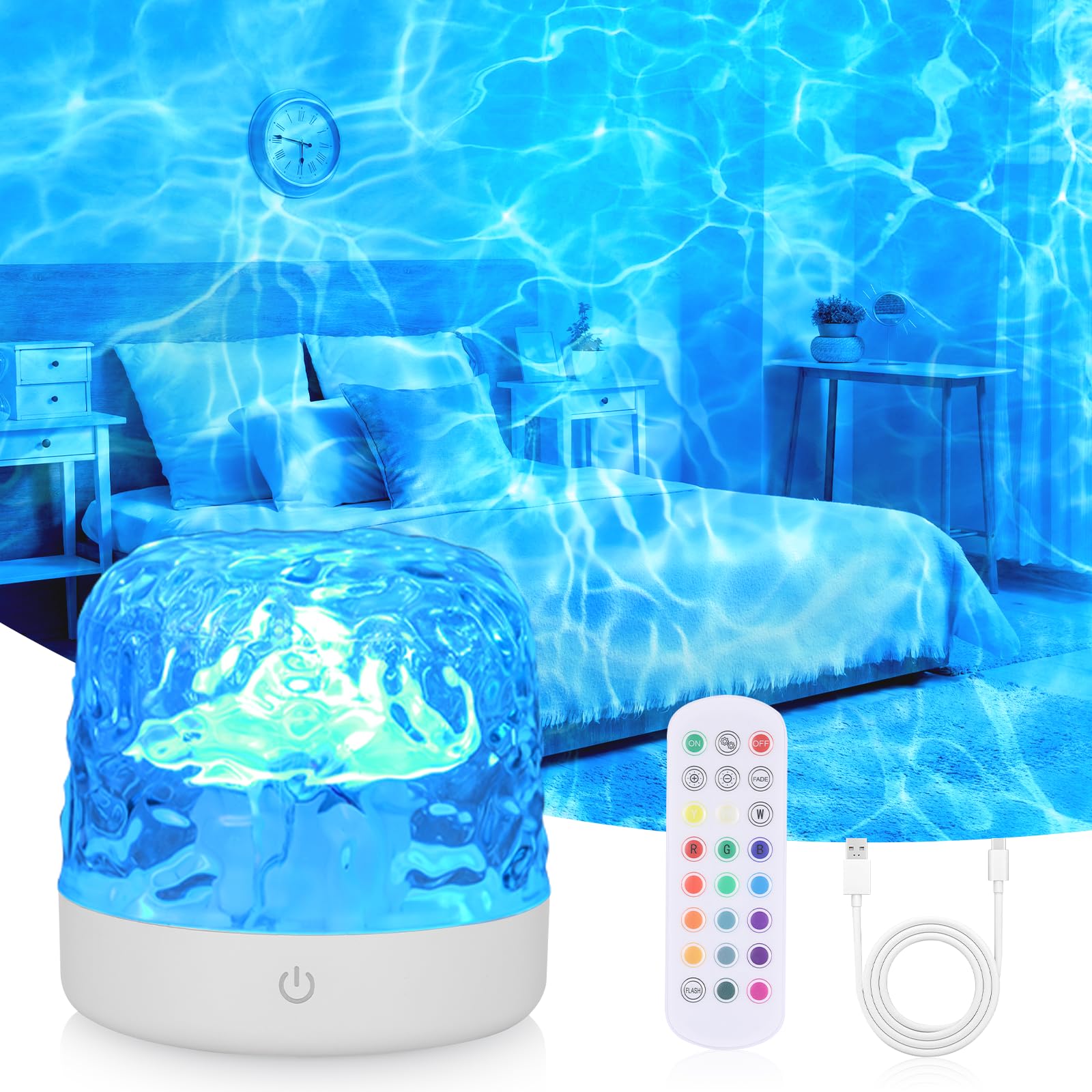JIZZU Lampa Ocean LED z projektorem gwiaździstego nieba, 16 kolorów fali, lampka nocna stołowa z projektorem gwiaździstego nieba, nadająca się do ponownego naładowania, do sypialni/na imprezę, na