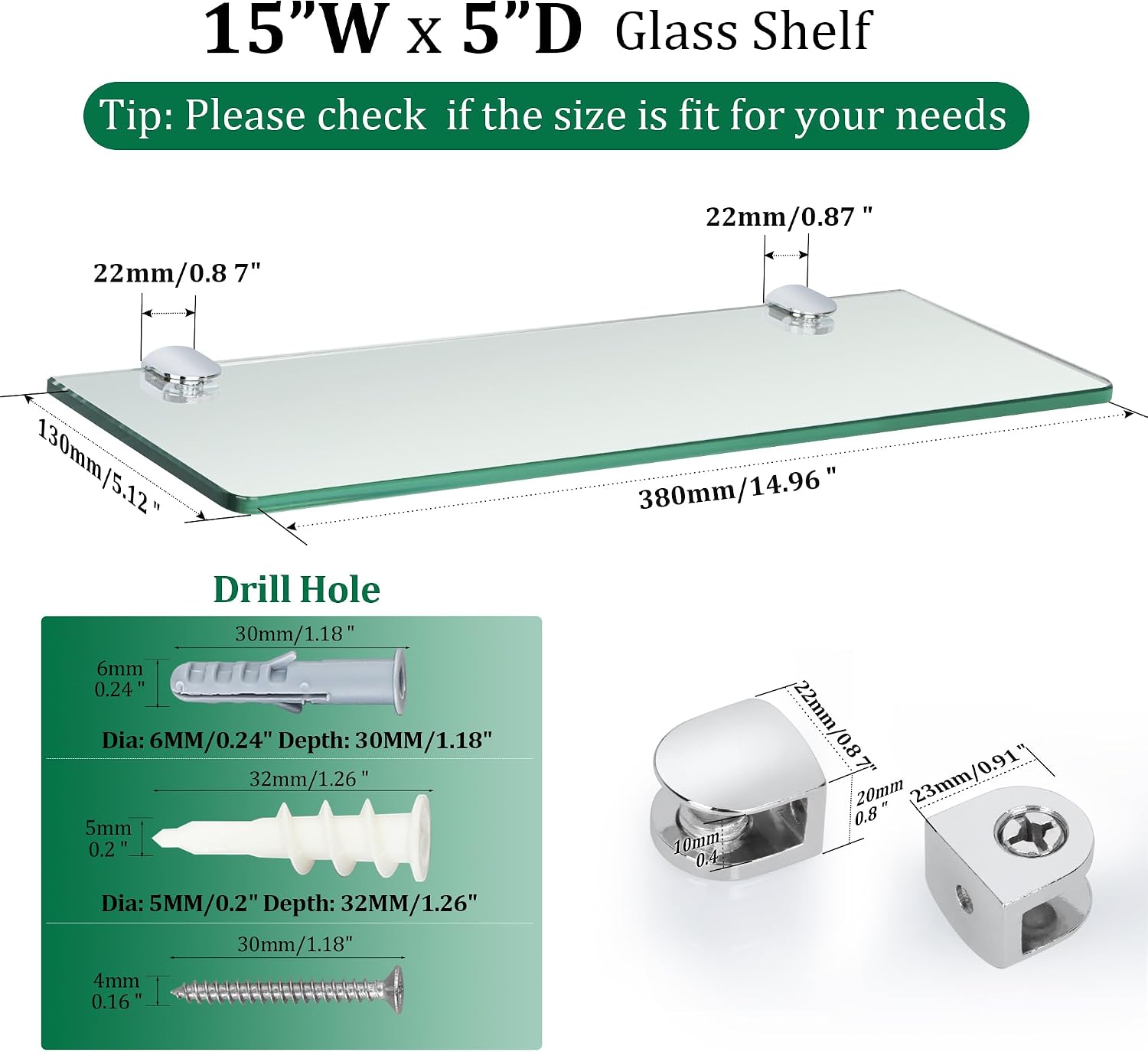 SAYAYO Floating Glass Shelves for Bathroom, 15 x 5 Inch Wall Glass Shelf image 2