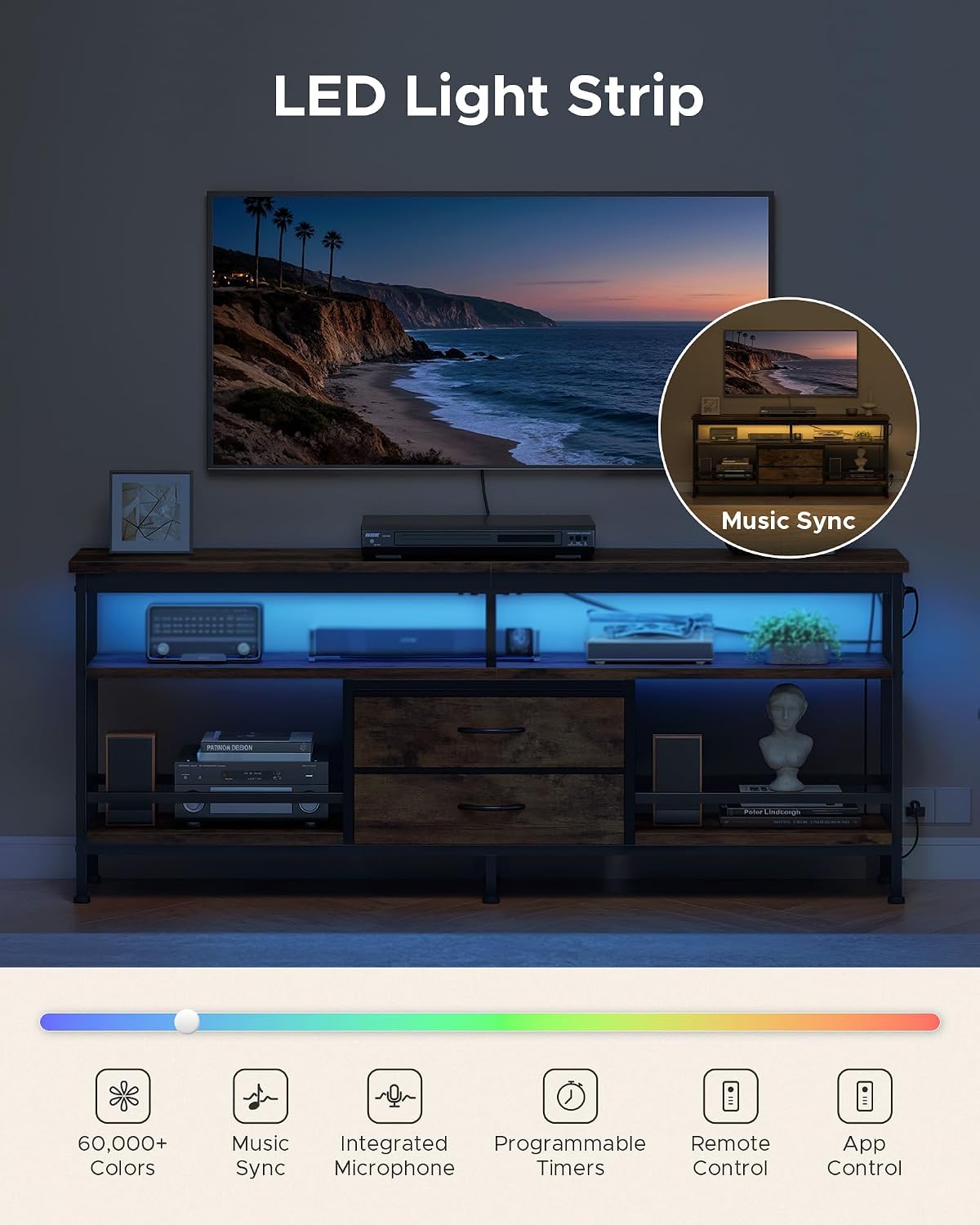 Lazzanto 63 Inch TV Stand, LED Entertainment Center for 55 to 75 Inch TVs