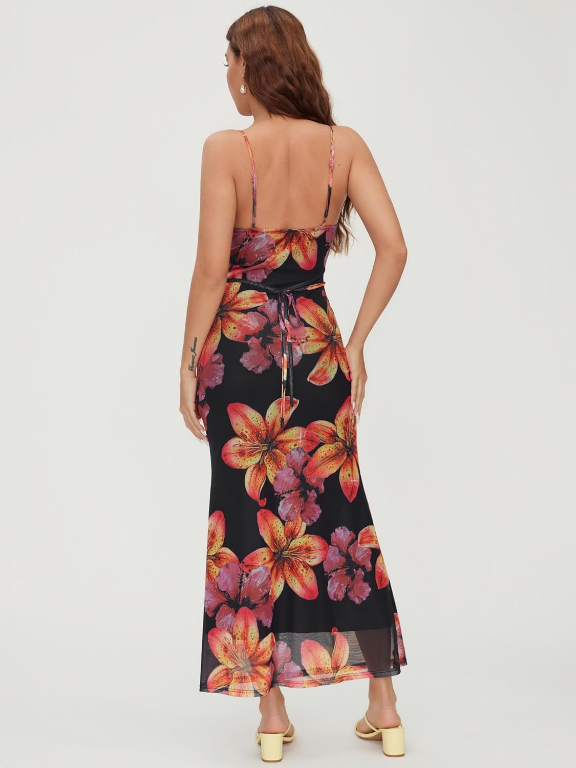 CIDER Women's Summer Floral Maxi Dress Spaghetti Strap Stretch Bodycon Mesh Beach Vacation Date Night Long Dresses - Image 4