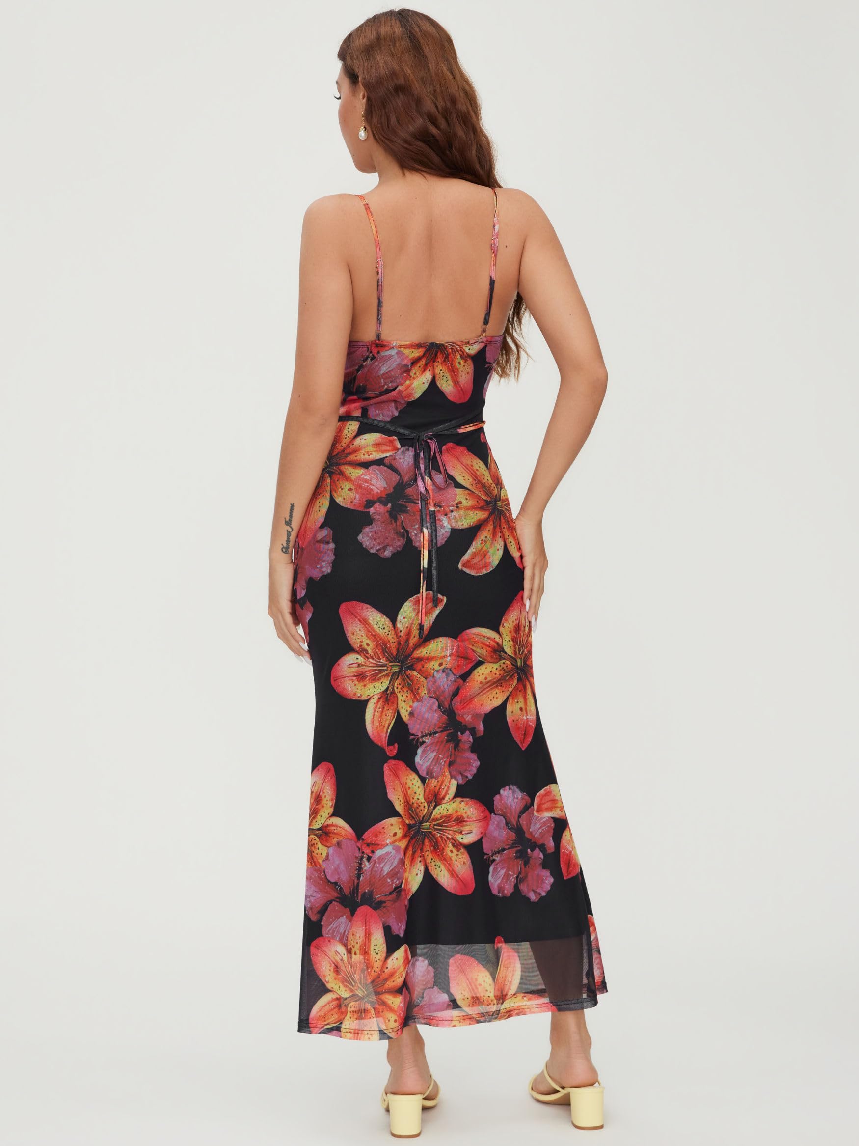 CIDER Maxikleid für Damen, Sommer, Blumenmuster, Spaghettiträger, Stretch, figurbetont, Netzstoff, Strand, Urlaub, Date, Nacht, langes Kleid