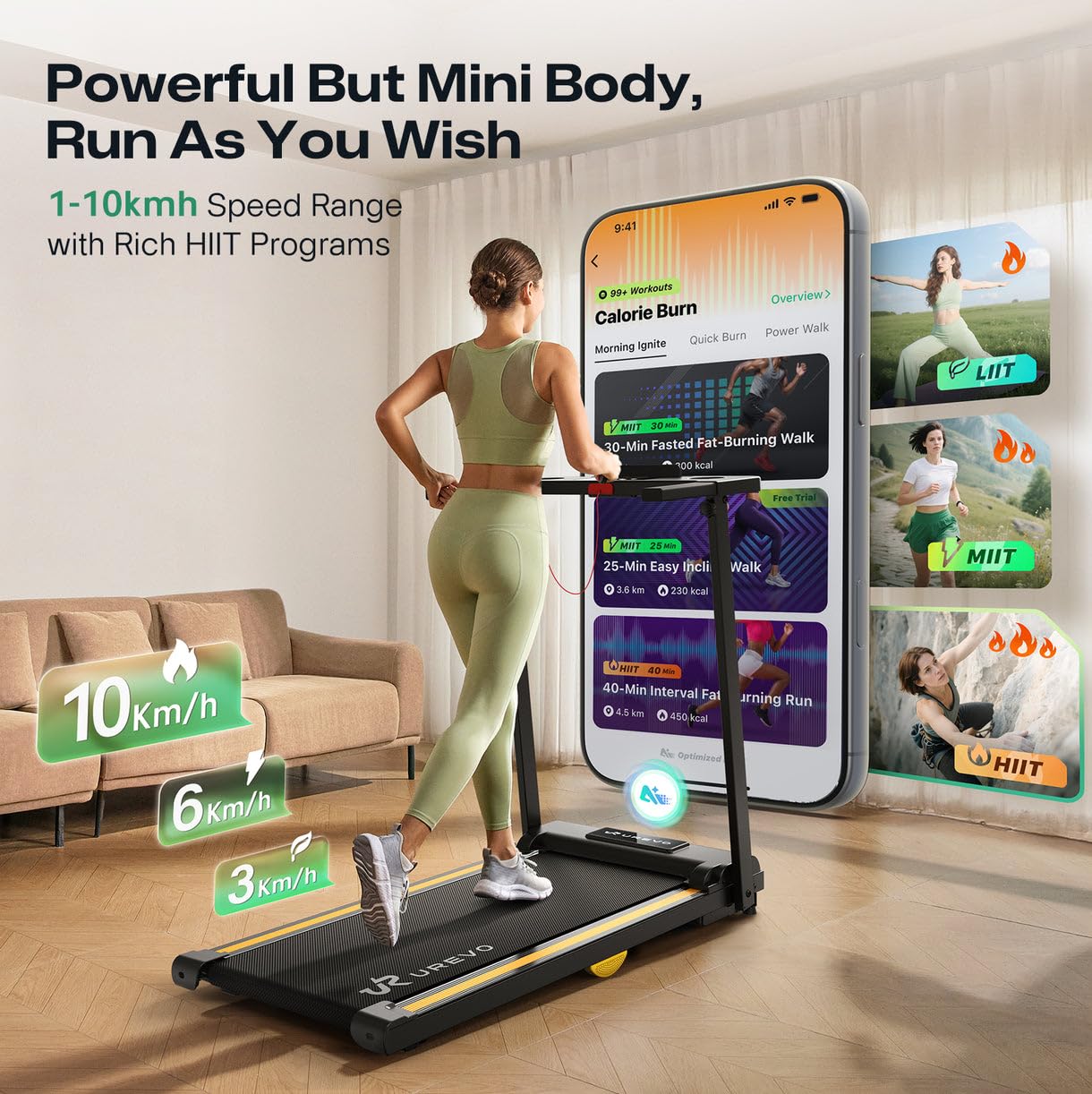 UREVO Foldi Mini 2 Cinta de Correr Plegable, Motor Sin Escobillas de 2,5 CV, hasta 10 km/h, Capacidad de Carga de 120 kg, Amortiguación de 14 Puntos, 6 Programas HIIT, Control Mediante App