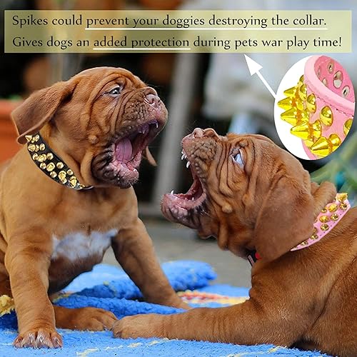 Miniatura 4 de TEEMERRYCA - Collar de cuero rosa con tachuelas doradas para perra, tallas S, M, G, EG, para mascotas pequeñas, medianas y grandes, como Pitbulls y