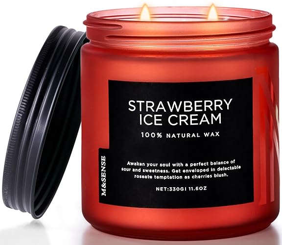 M&SENSE Strawberry Ice Cream Non Toxic Soy Wax Scented Candles Gifts for Women Men 330g 70H Housewarming Candle Gift for Home Decor 2 Wick Organic Clear Burning Candles for Summer Holiday Party - Strawberry Ice Cream - 330g