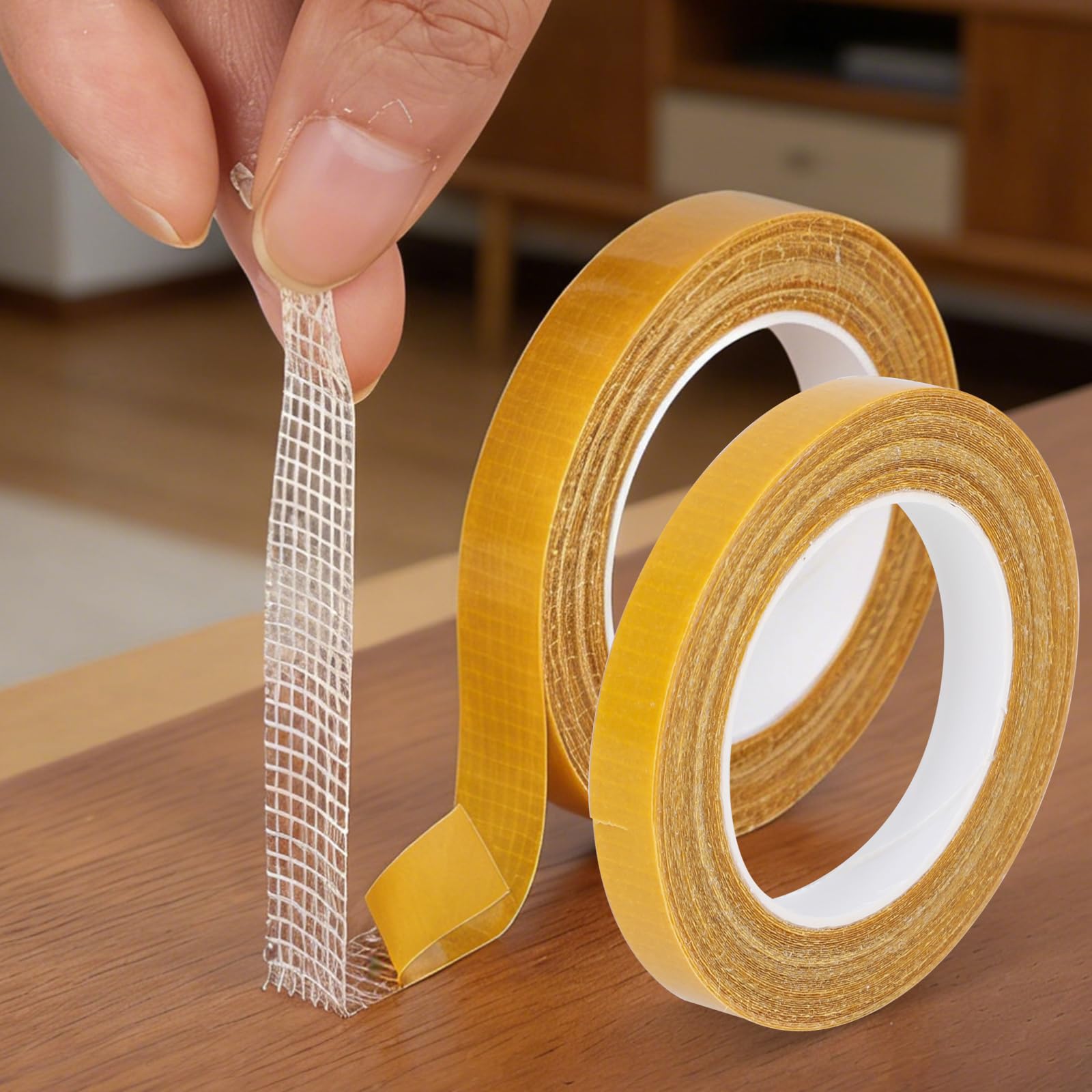 2 Roll Double Sided Tape Heavy Duty, 0.4inx45FT(14m)/Roll Strong Clear Mesh Carpet Tape Universal High Tack Wall Adhesive Removable Double Sided Adhesive Tape for Mounting,Indoor Outdoor (Width-1CM)