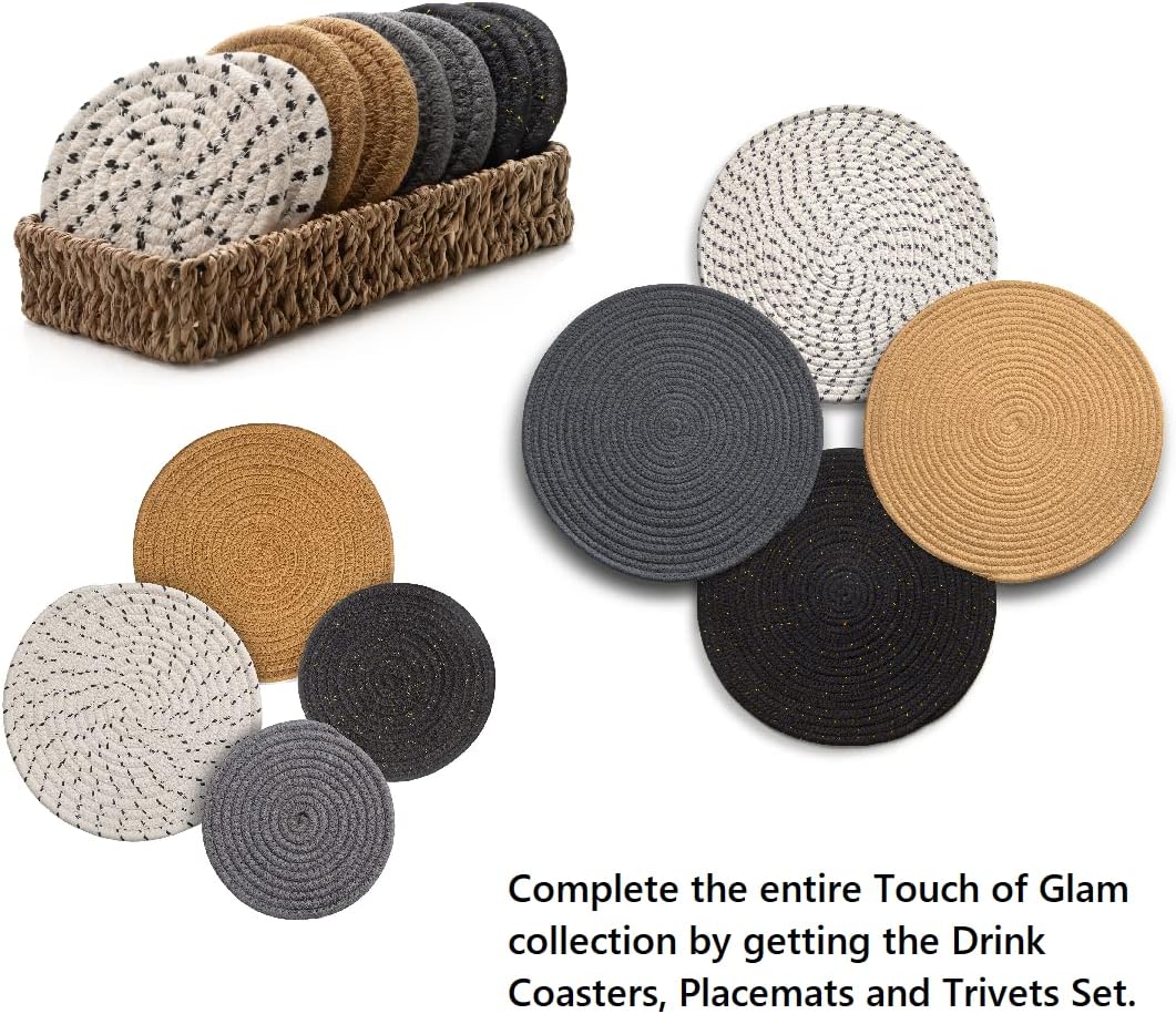 Round Cotton Trivets Set of 4 in Glam by Beets & Berry, 7 inch and 9 inch Diameter, Pot Holders, Hot Pads, Hot Mats, 100% Pure Eco Cotton, Boho, Farmhouse, Mid Century Modern, Kitchen Decor: Home & Kitchen