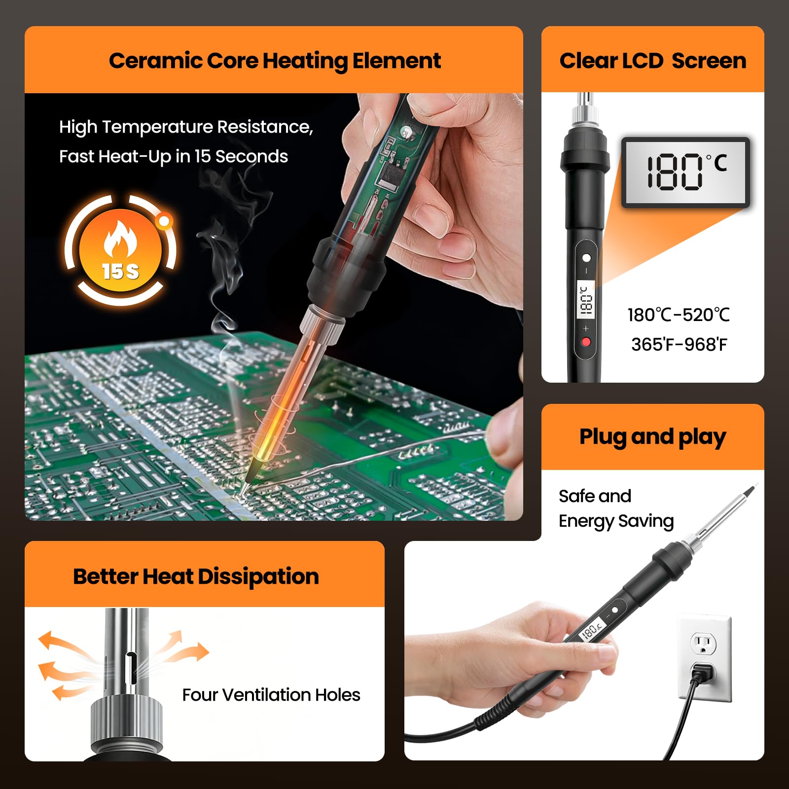 Fer à Souder 100W – Régulation de Température LCD de 180° à 520°C,Kit de Soudure 16-en-1 avec 50g d'Étain, 5 Pointes de Soudure,Pompe à Désouder,Support de Fer et Pince – pour Électroniques