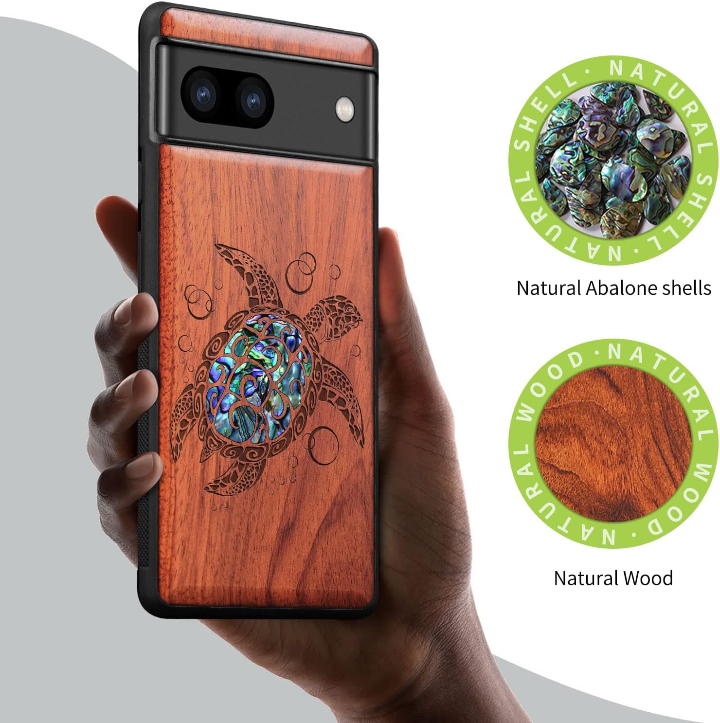 Carveit Designer Wooden Case for Google Pixel 8 Case Protective Cover [Wood Engraving & Shell Inlay] Compatible with Wireless Chargers Pixel 8 (Sea Turtle-Rosy)