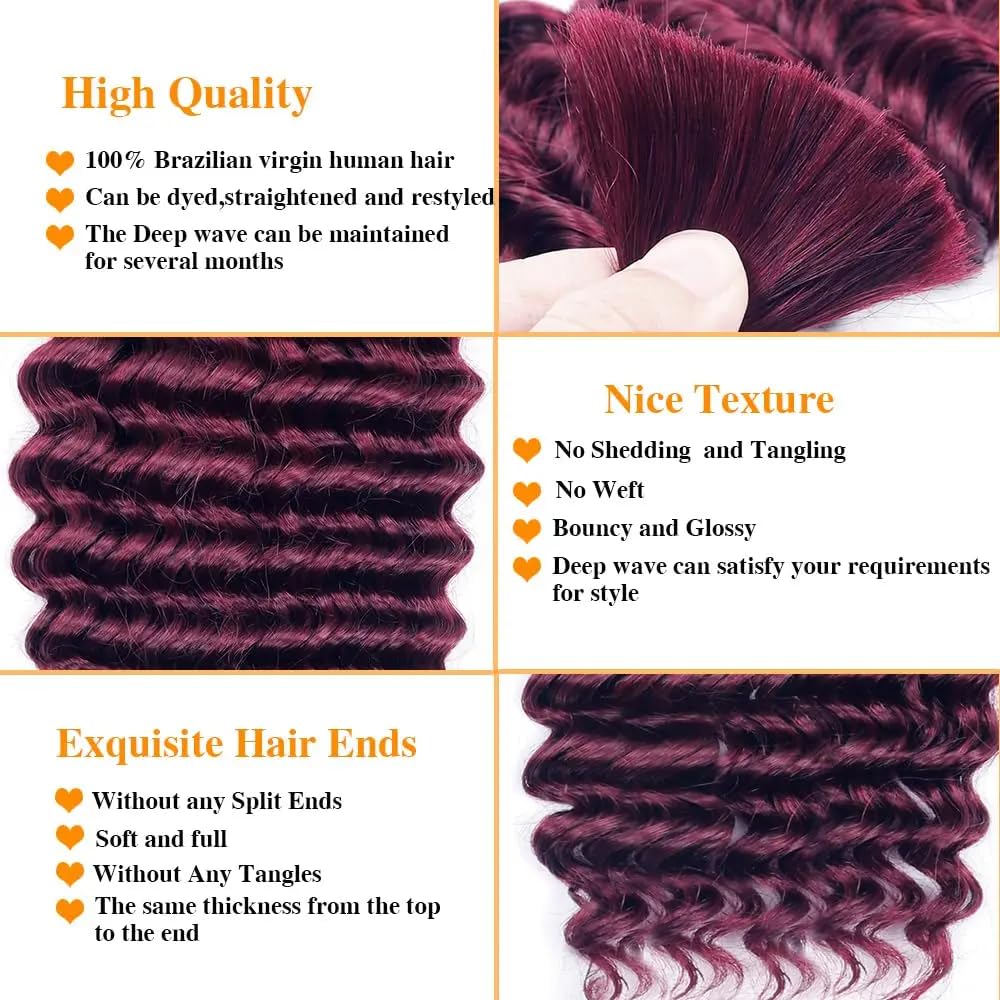 Burgundy Human Braiding Hair 24 24 24 inch 150g 99J Deep Wave Bulk Human Hair for Braiding No Weft 3 Braids Per Pack 99J Burgundy Color