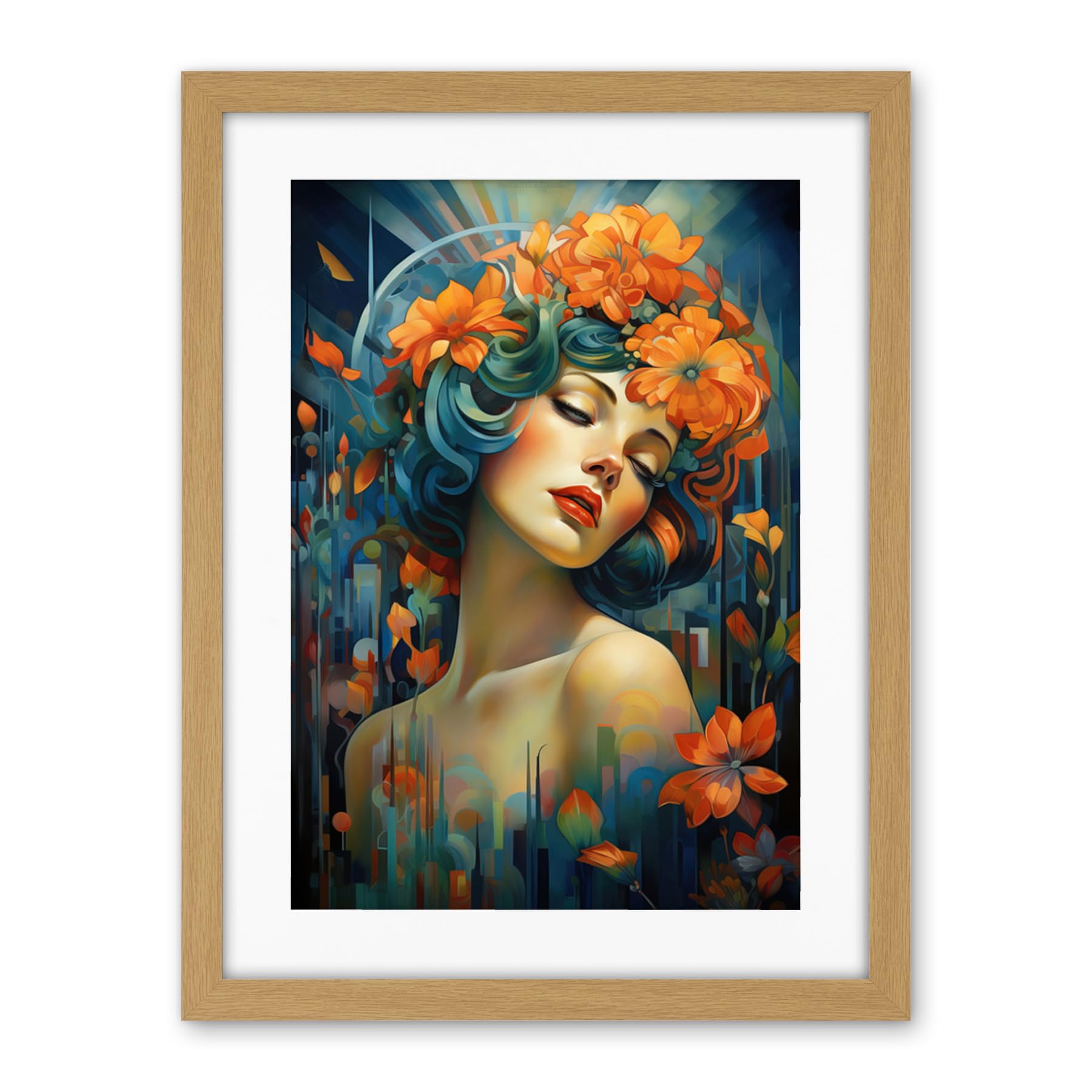 Artery8 Woman Portrait with Flowers Modern Art Deco Vibrant Artwork Orange Blue Floral Headband Artwork Framed Wall Art Print 18X24 Inch