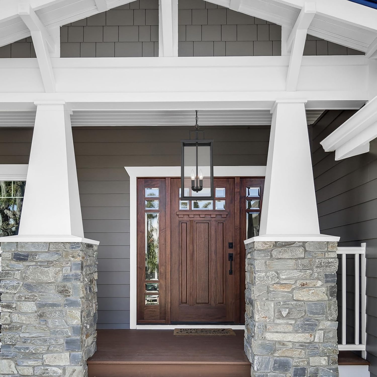 21'' Outdoor Pendant Lantern, 2-Light Modern Black Exterior Chandelier with Clear Glass, Hanging Porch Light for Patio, Yard, Foyer