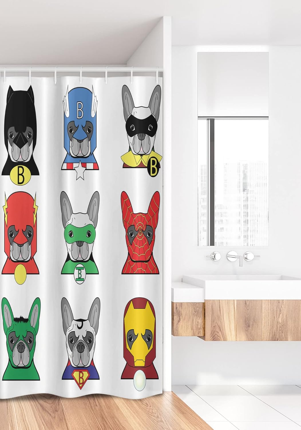 Ambesonne Superhero Stall Shower Curtain, Bulldog Superheroes Fun Cartoon Puppies in Disguise Costume Dogs Print, Fabric Bathroom Decor Set with Hooks, 36" W x 72" L, Vermilion Green