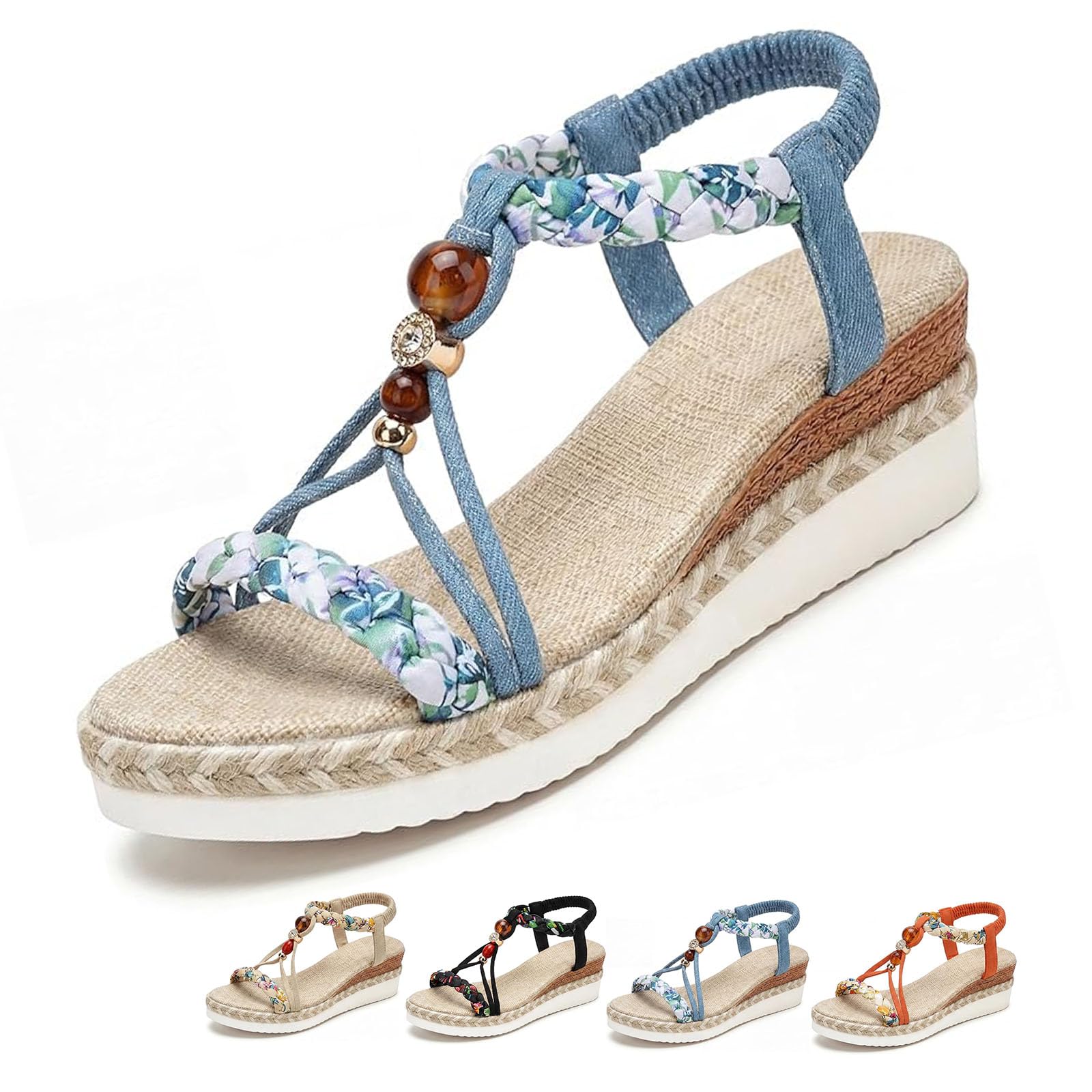 Sandali con zeppa bohémien da donna, sandali con zeppa aperta con strass, sandali estivi alla caviglia elastici in tessuto bohémien, comode scarpe da vacanza