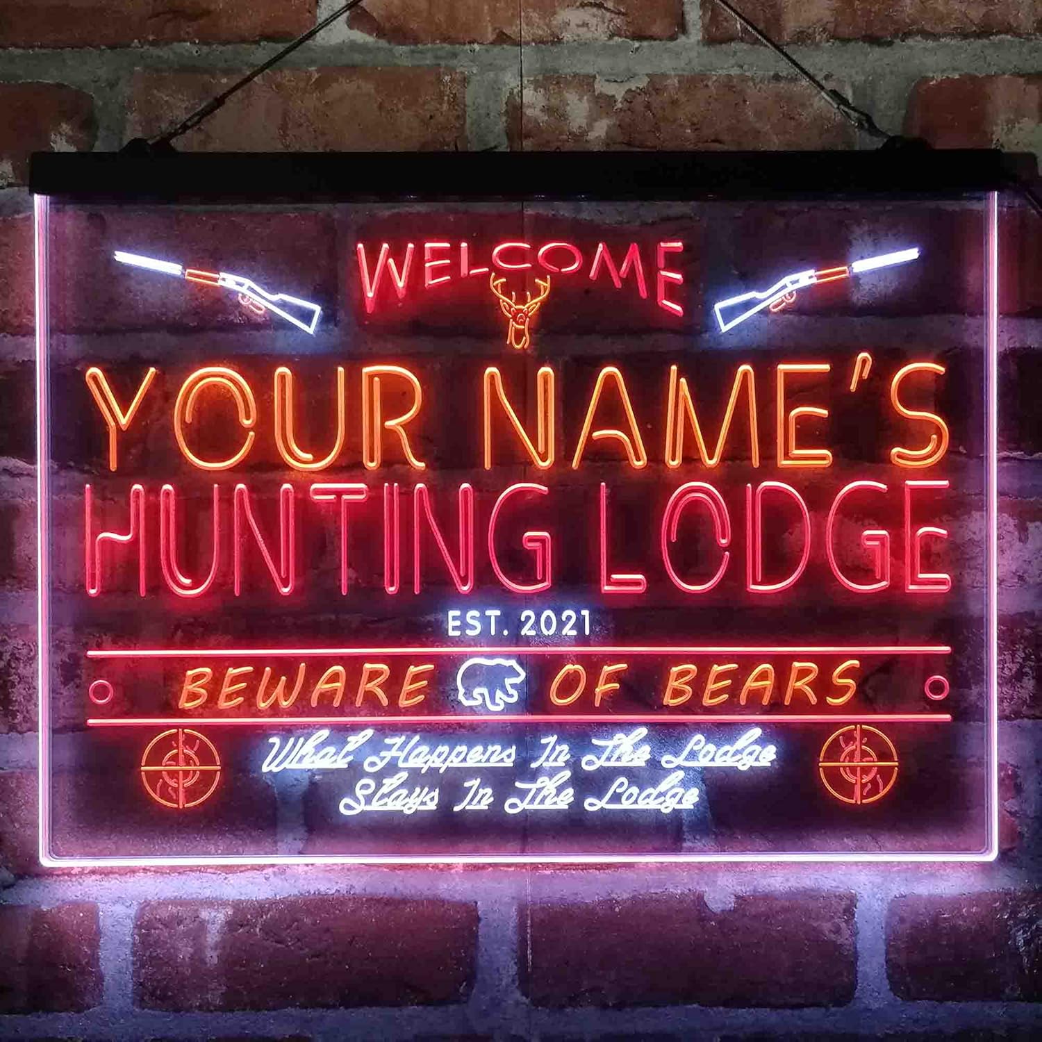 Personalized Hunting Lodge Tri-Color LED Neon Light Sign Customize Name Date Text Quote Font White & Red & Orange 17.7 x 13.6 Inches st9s43-QL1-tm-wro