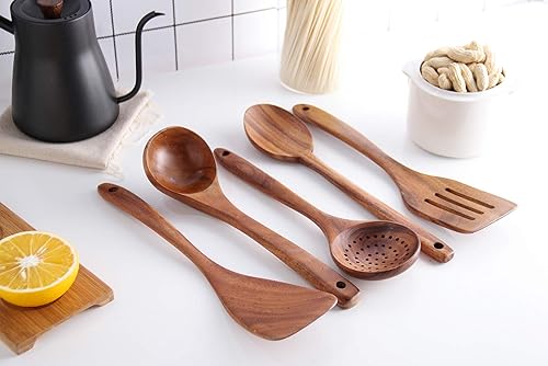 Miniatura 6 de Juego de utensilios de cocina saludables, herramientas de cocina de madera, espátula y cucharas de madera dura antiadherente natural, duradera,